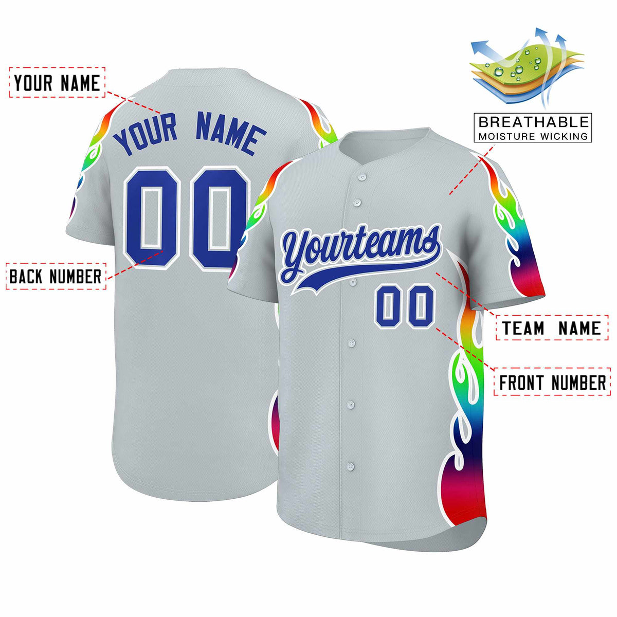 Custom Silver Graffiti Pattern Personalized Multicolored Flames Print Authentic Baseball Jersey