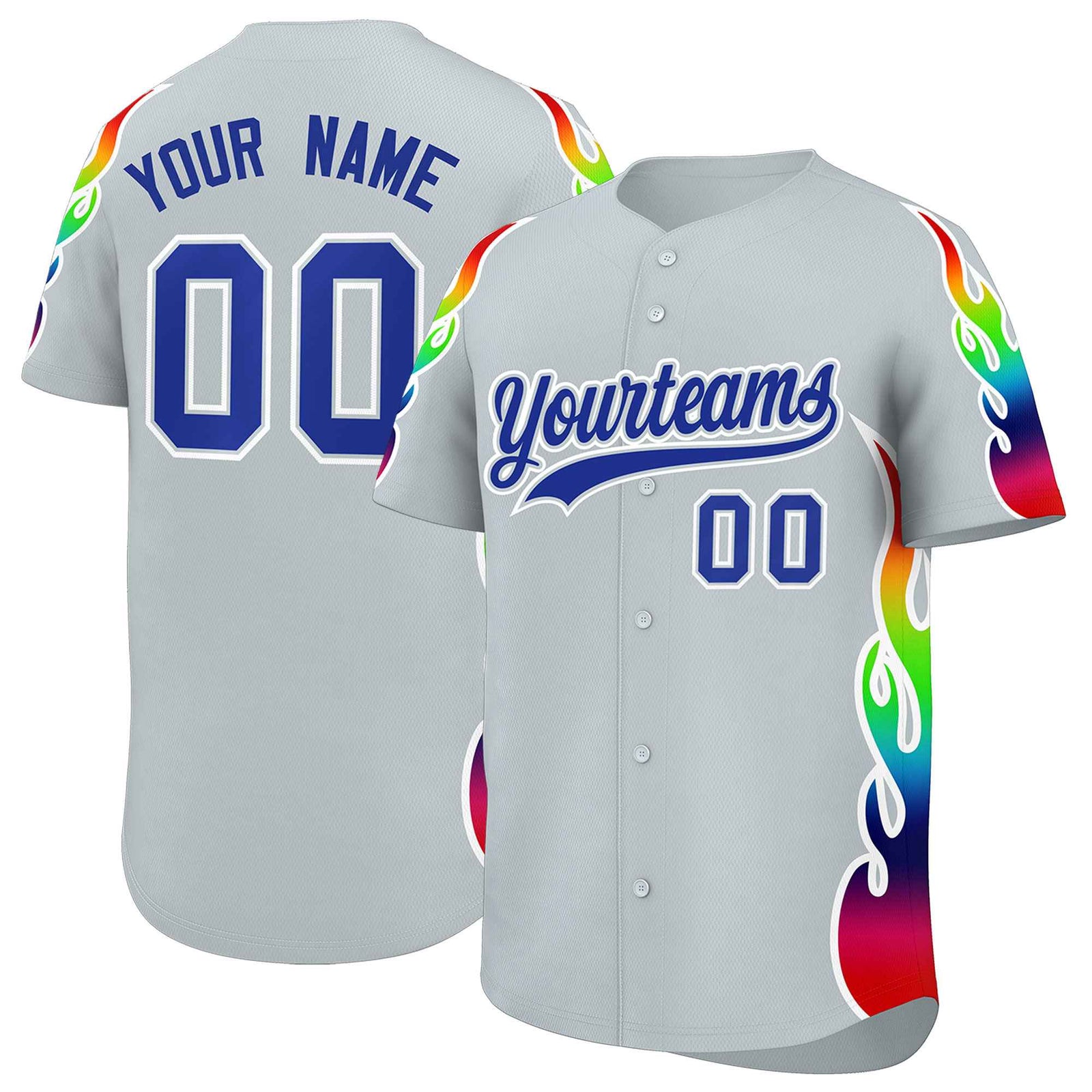 Custom Silver Graffiti Pattern Personalized Multicolored Flames Print Authentic Baseball Jersey