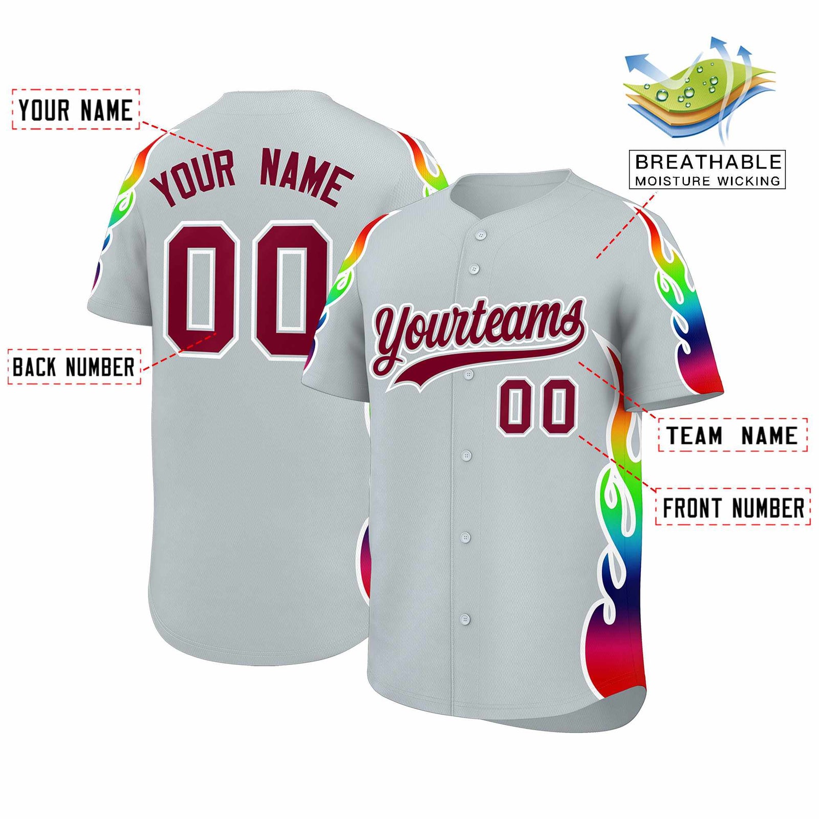 Custom Silver Graffiti Pattern Personalized Multicolored Flames Print Authentic Baseball Jersey