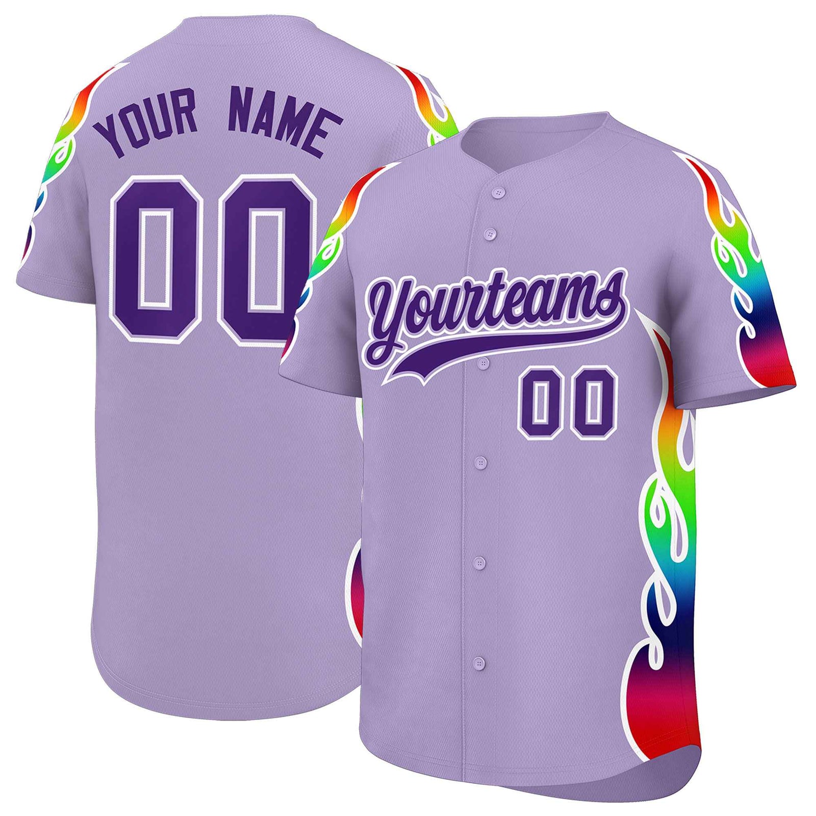 Custom Light Purple Graffiti Pattern Personalized Multicolored Flames Print Authentic Baseball Jersey