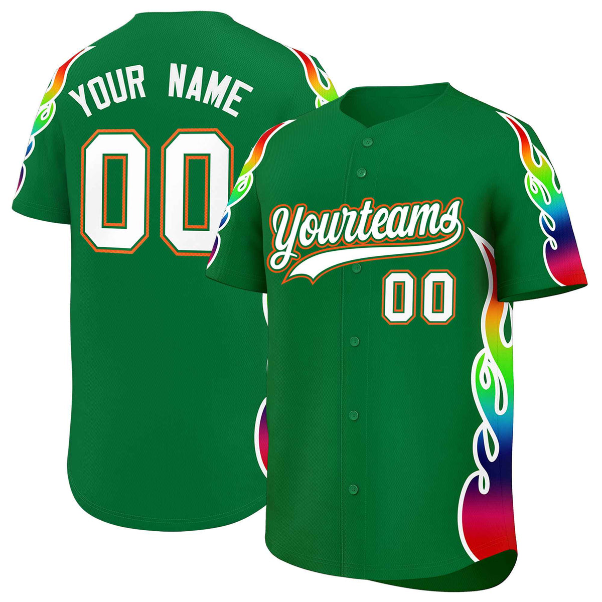 Custom Kelly Green Graffiti Pattern Personalized Multicolored Flames Print Authentic Baseball Jersey