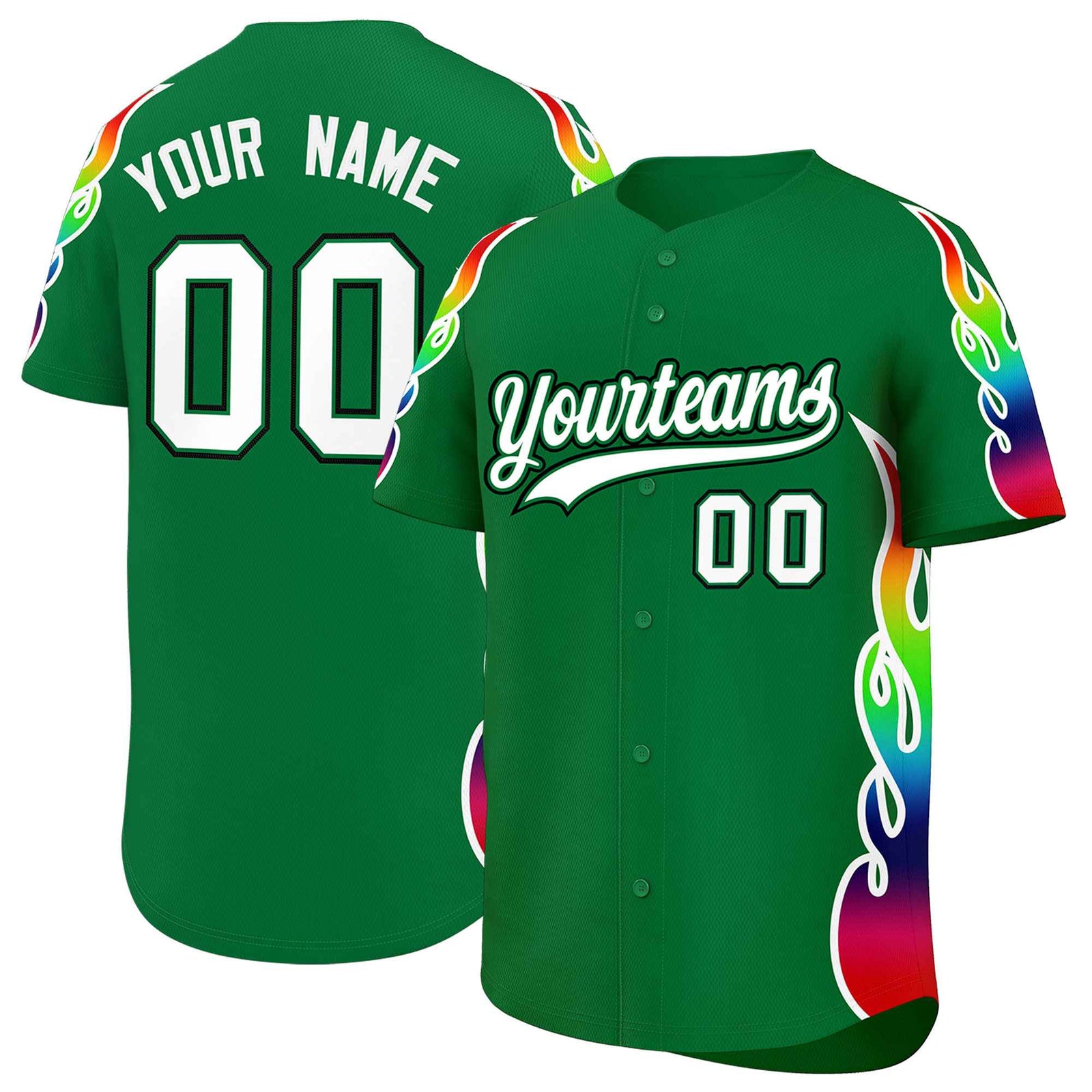 Custom Kelly Green Graffiti Pattern Personalized Multicolored Flames Print Authentic Baseball Jersey