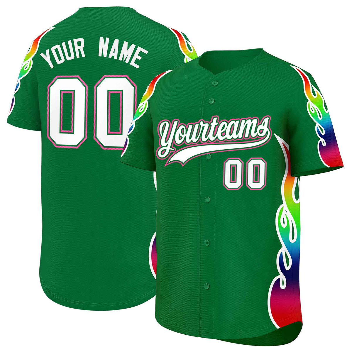 Custom Kelly Green Graffiti Pattern Personalized Multicolored Flames Print Authentic Baseball Jersey