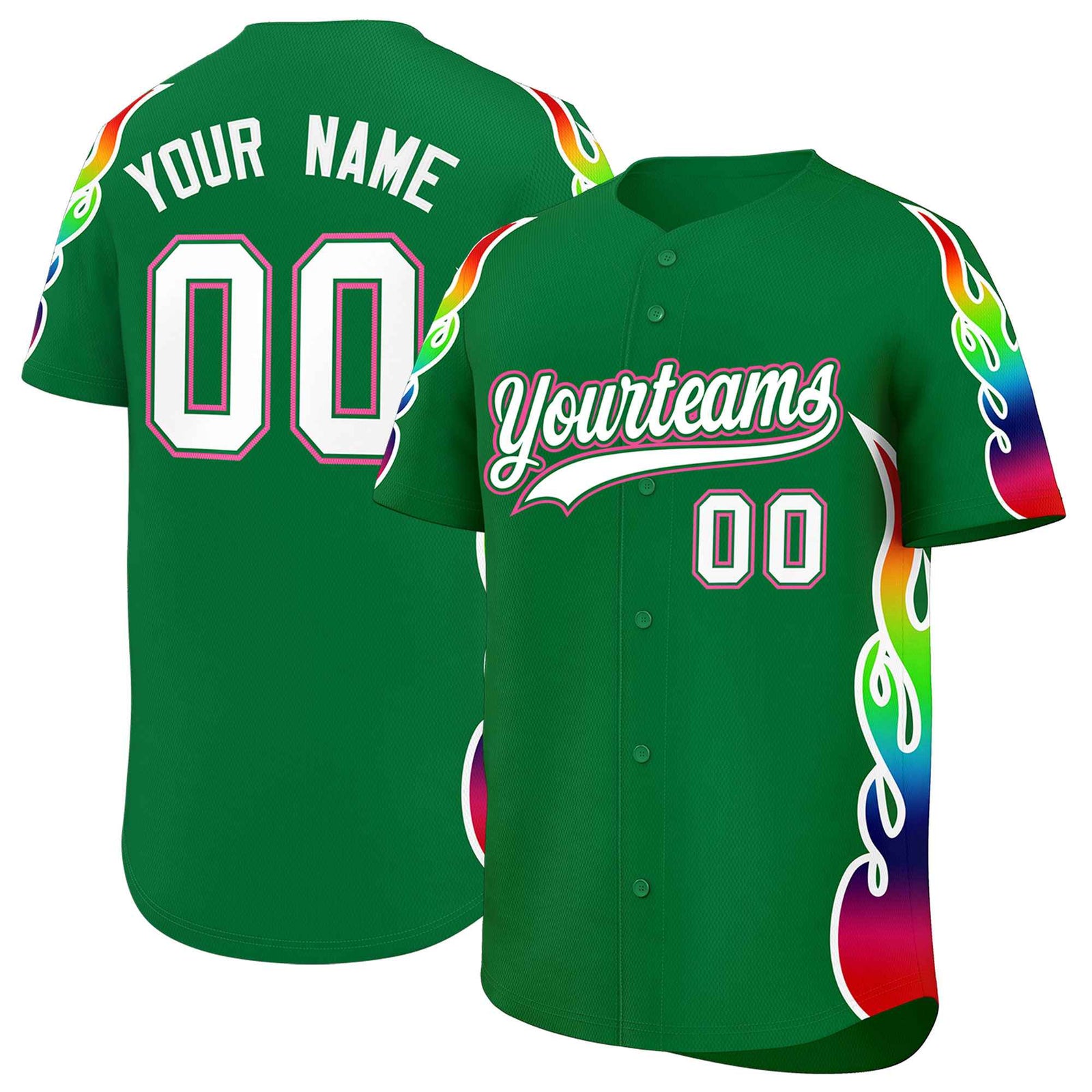 Custom Kelly Green Graffiti Pattern Personalized Multicolored Flames Print Authentic Baseball Jersey