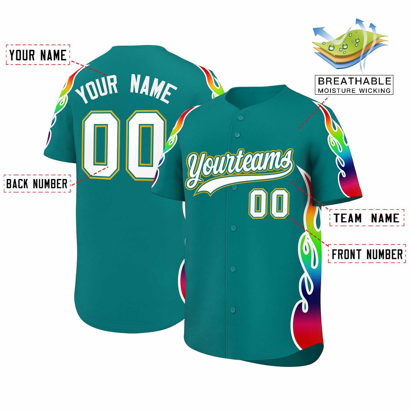 Custom Aqua Graffiti Pattern Personalized Multicolored Flames Print Authentic Baseball Jersey