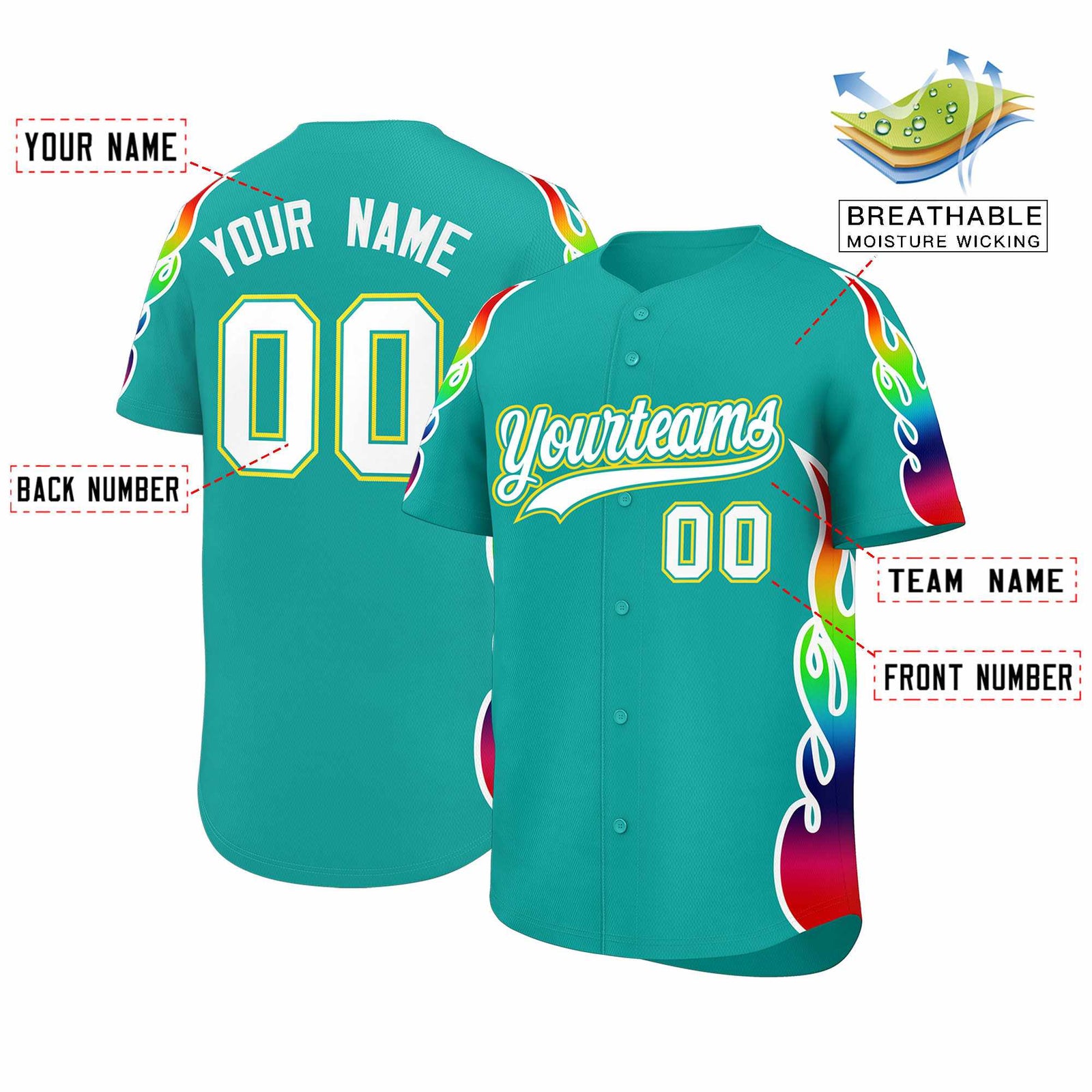 Custom Aqua Graffiti Pattern Personalized Multicolored Flames Print Authentic Baseball Jersey