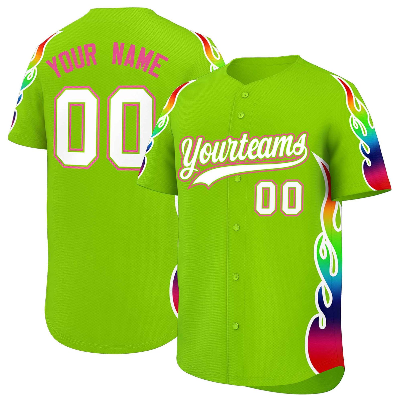 Custom Neon Green Graffiti Pattern Personalized Multicolored Flames Print Authentic Baseball Jersey