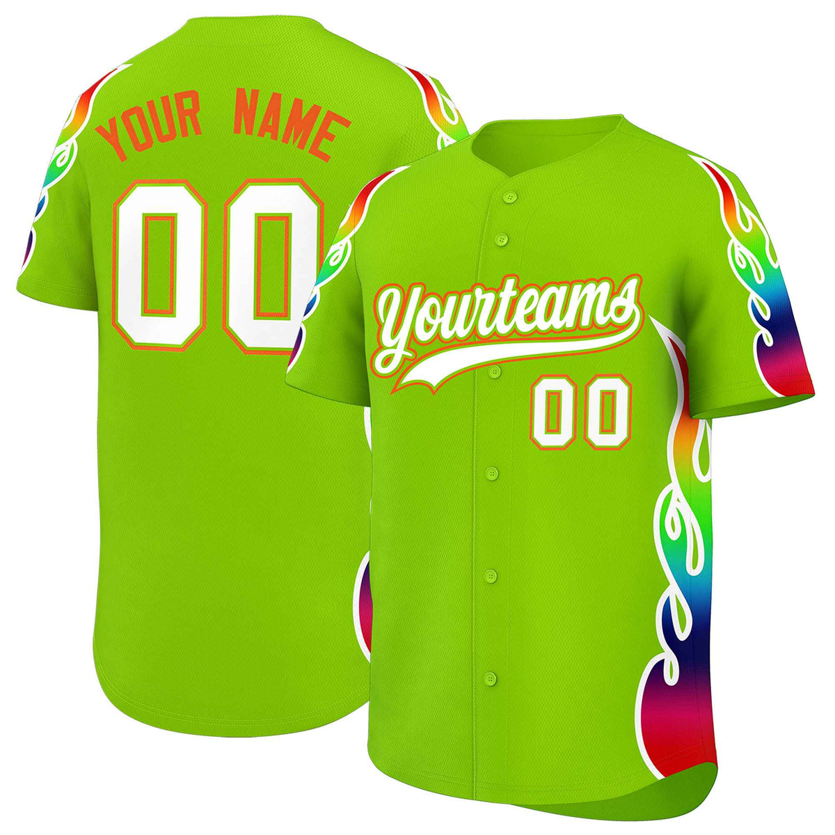 Custom Neon Green Graffiti Pattern Personalized Multicolored Flames Print Authentic Baseball Jersey