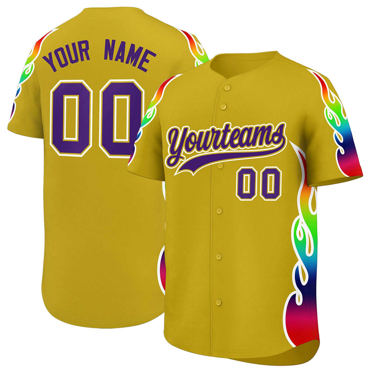 Custom Old Gold Graffiti Pattern Personalized Multicolored Flames Print Authentic Baseball Jersey