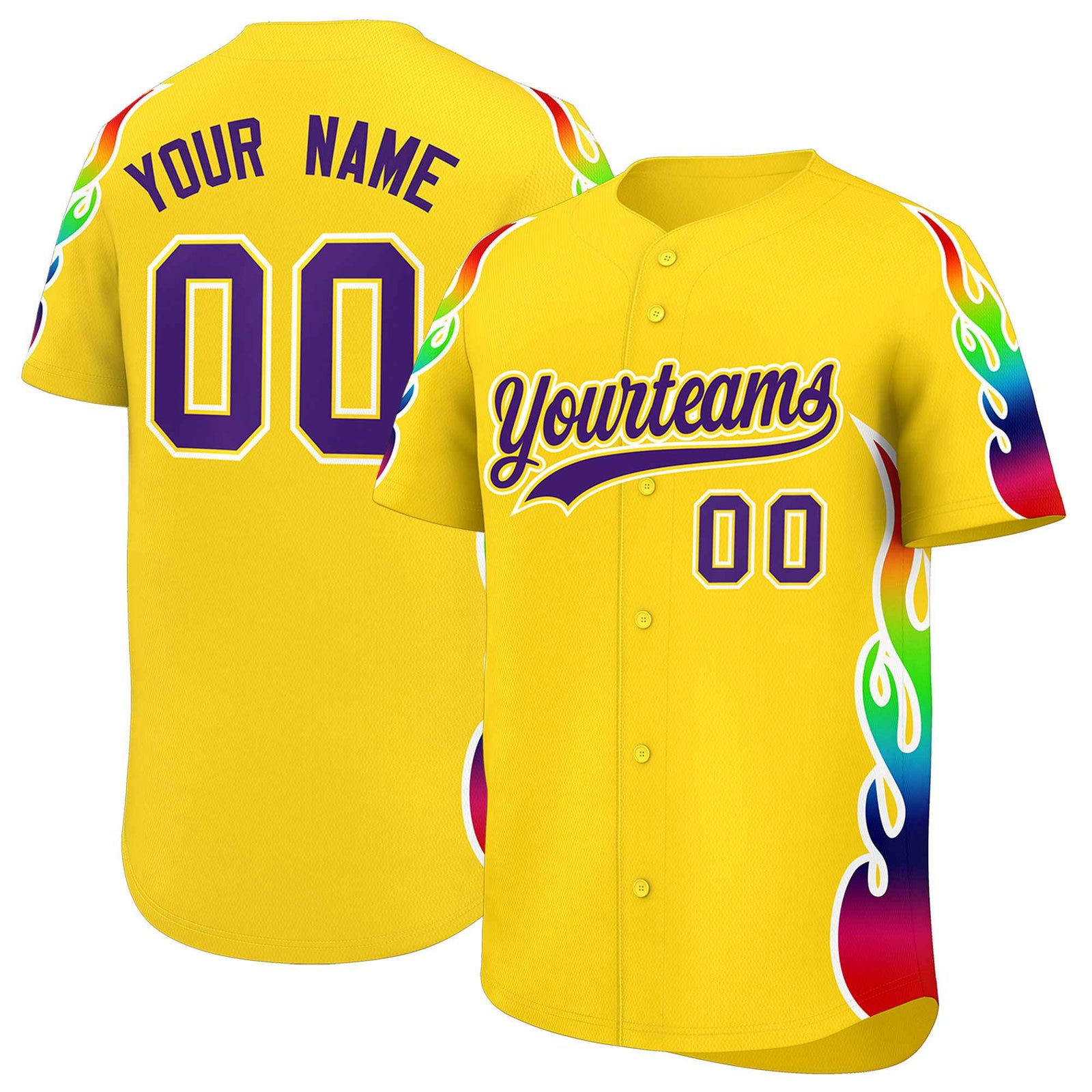 Custom Gold Graffiti Pattern Personalized Multicolored Flames Print Authentic Baseball Jersey