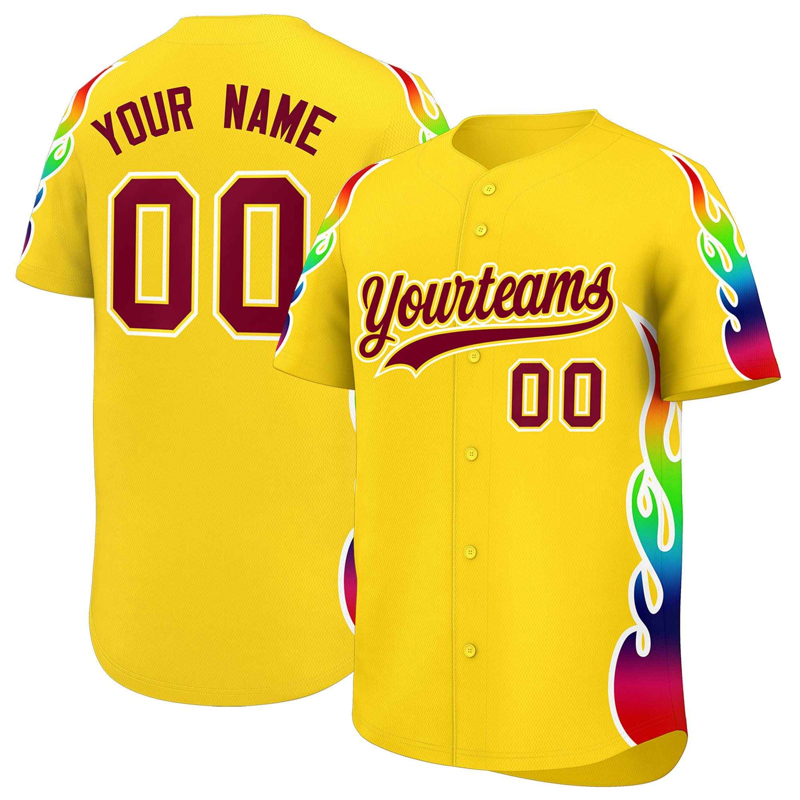 Custom Gold Graffiti Pattern Personalized Multicolored Flames Print Authentic Baseball Jersey