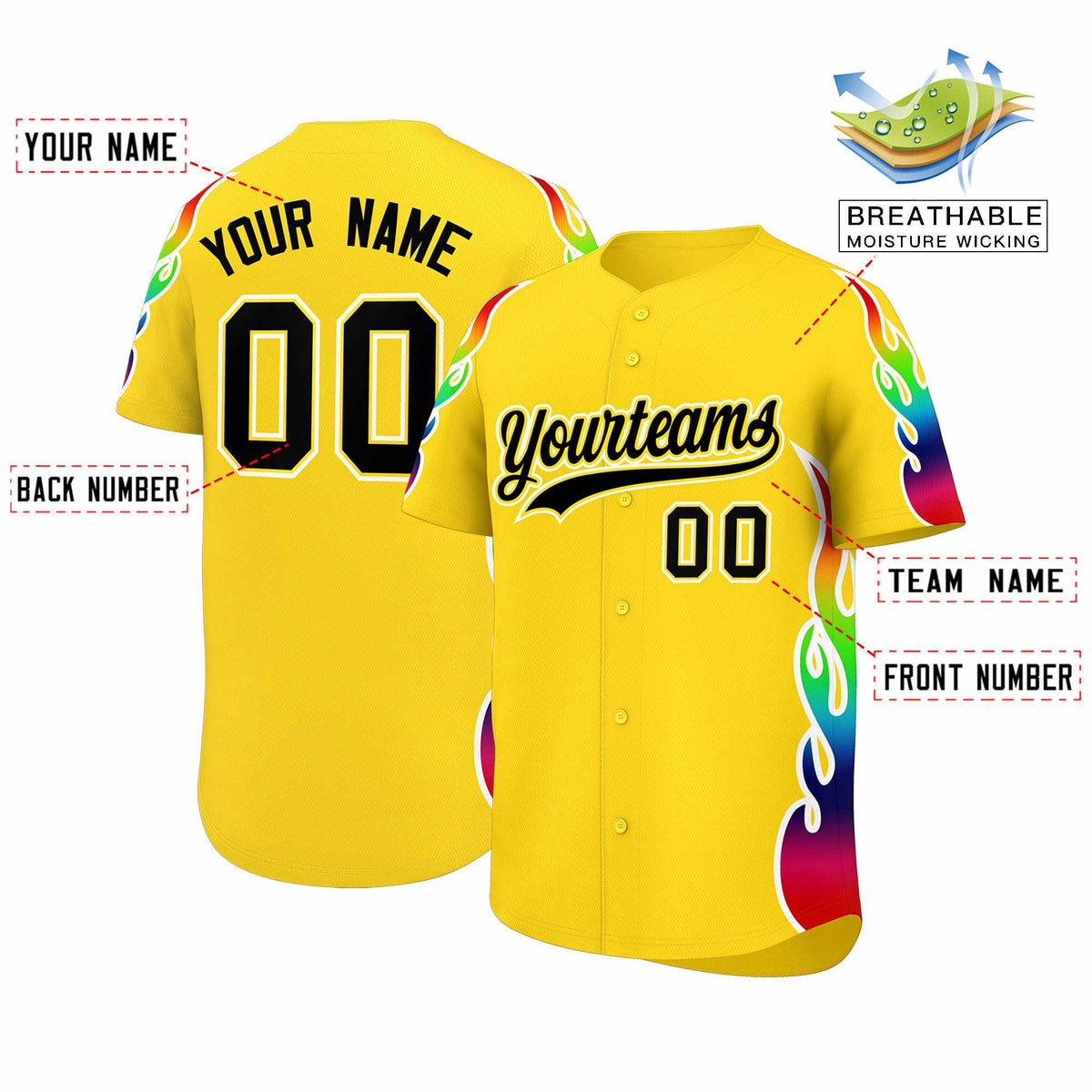 Custom Gold Graffiti Pattern Personalized Multicolored Flames Print Authentic Baseball Jersey