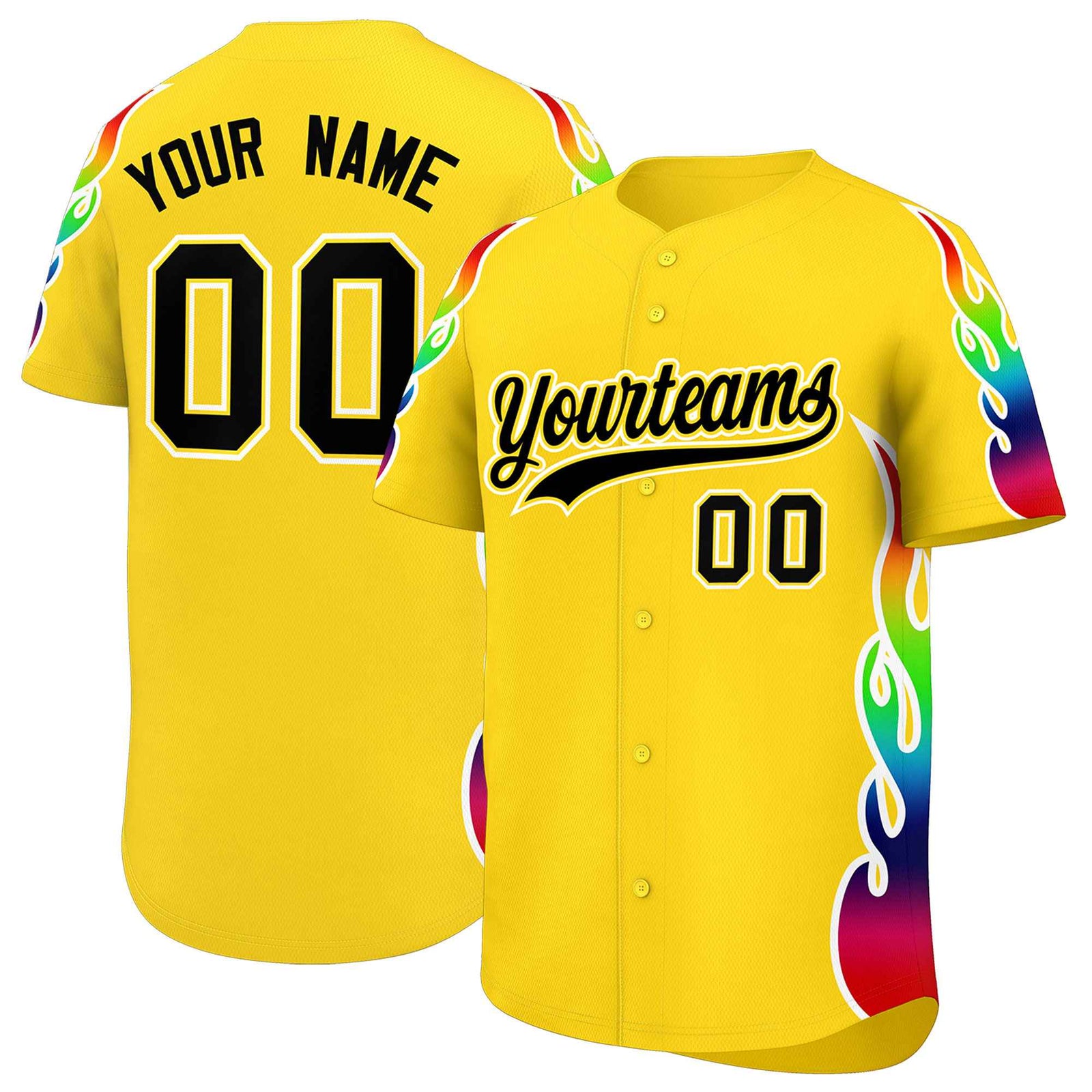 Custom Gold Graffiti Pattern Personalized Multicolored Flames Print Authentic Baseball Jersey