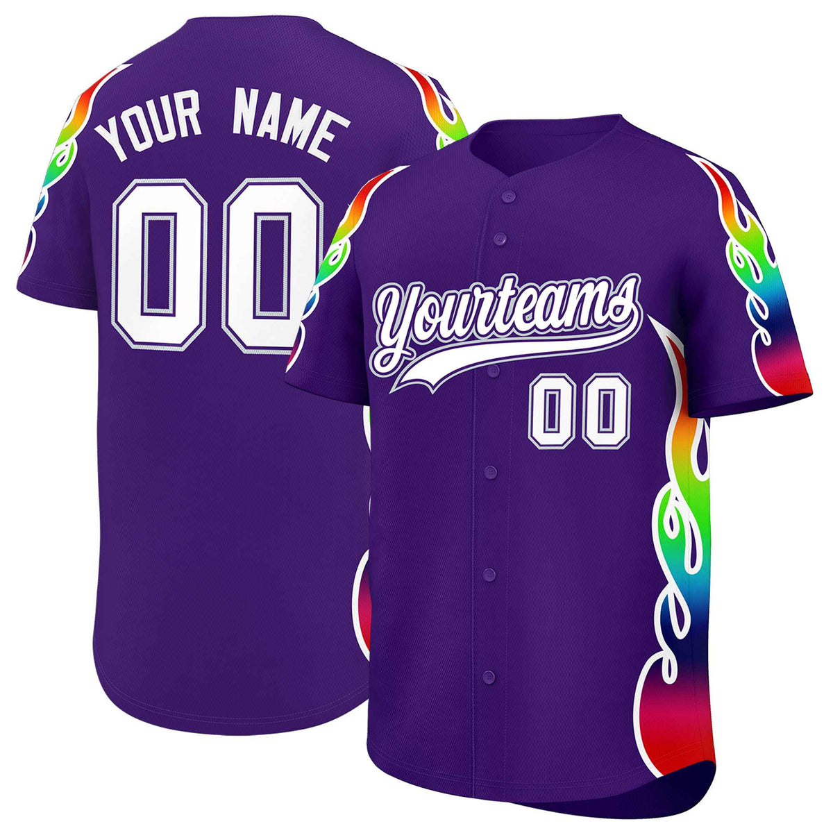 Custom Purple Graffiti Pattern Personalized Multicolored Flames Print Authentic Baseball Jersey