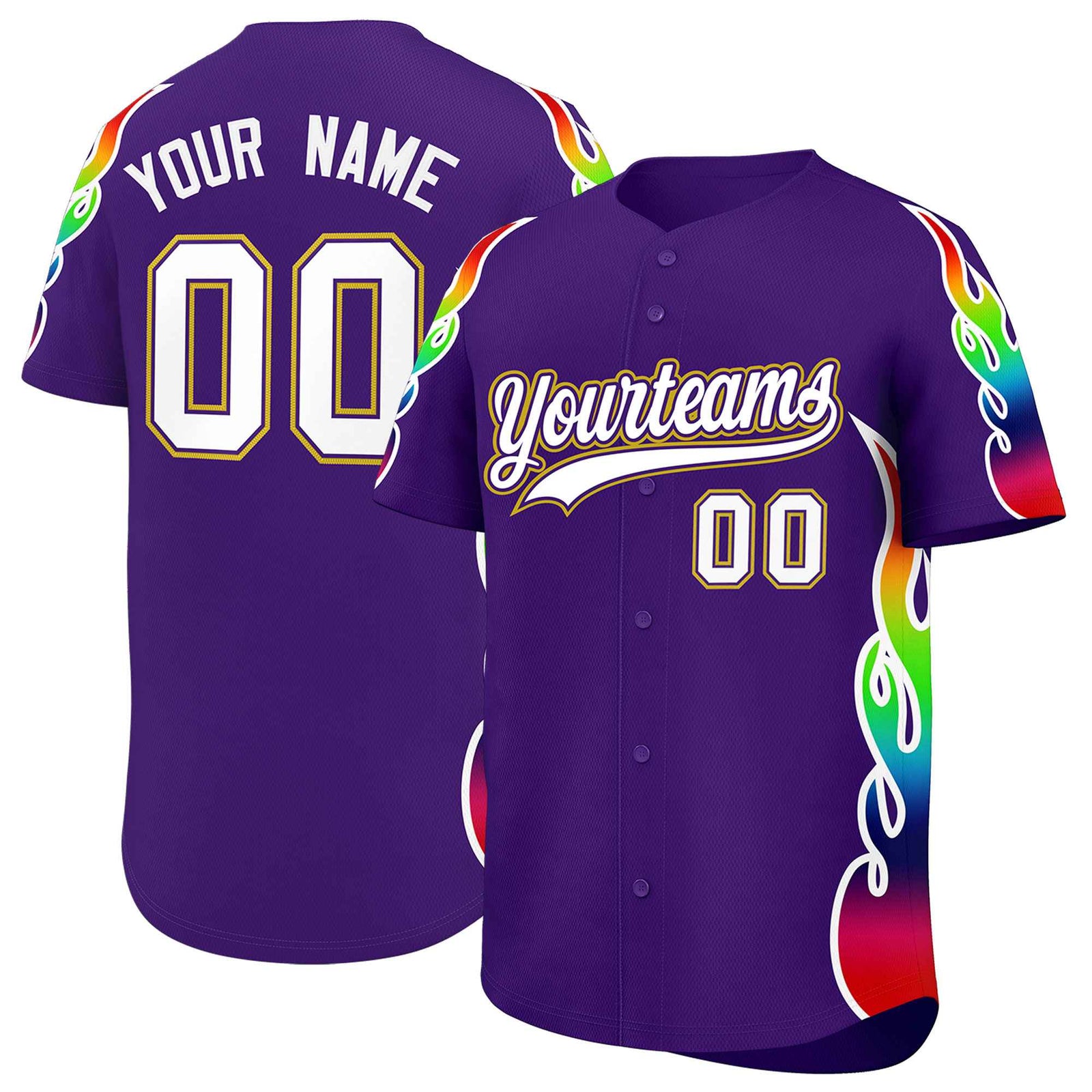 Custom Purple Graffiti Pattern Personalized Multicolored Flames Print Authentic Baseball Jersey