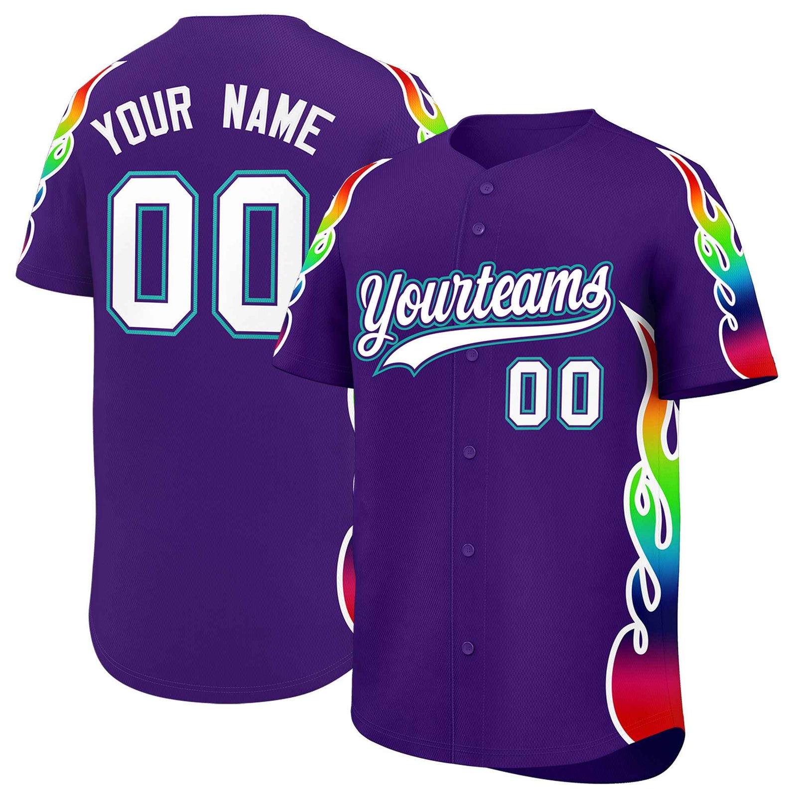 Custom Purple Graffiti Pattern Personalized Multicolored Flames Print Authentic Baseball Jersey