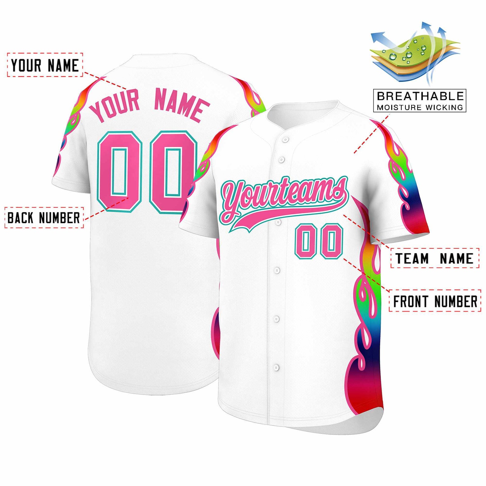 Custom White Graffiti Pattern Personalized Multicolored Flames Print Authentic Baseball Jersey