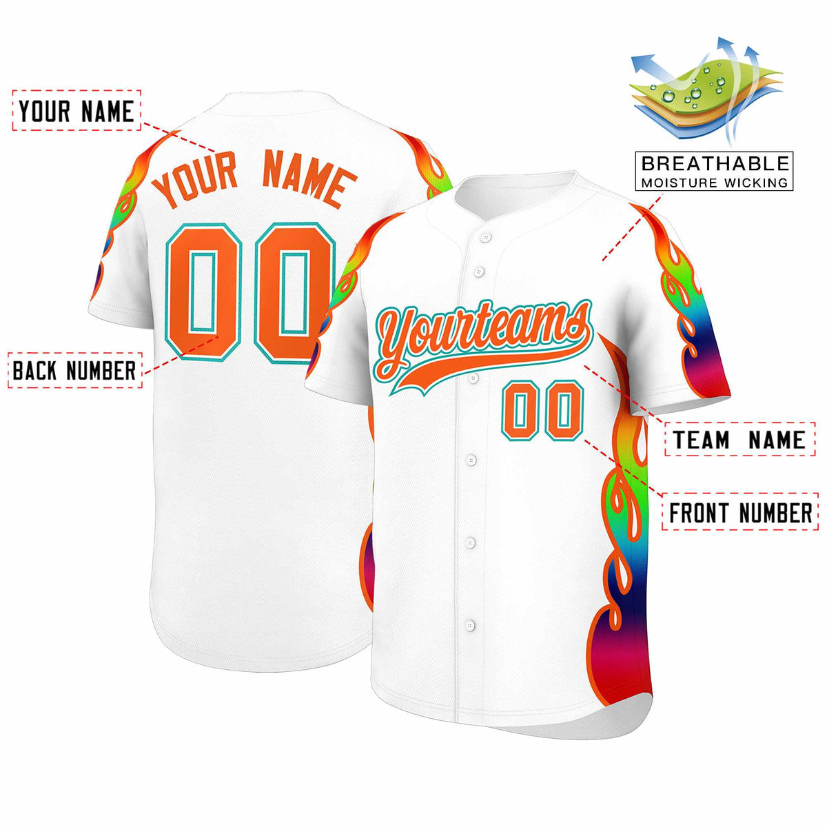 Custom White Graffiti Pattern Personalized Multicolored Flames Print Authentic Baseball Jersey