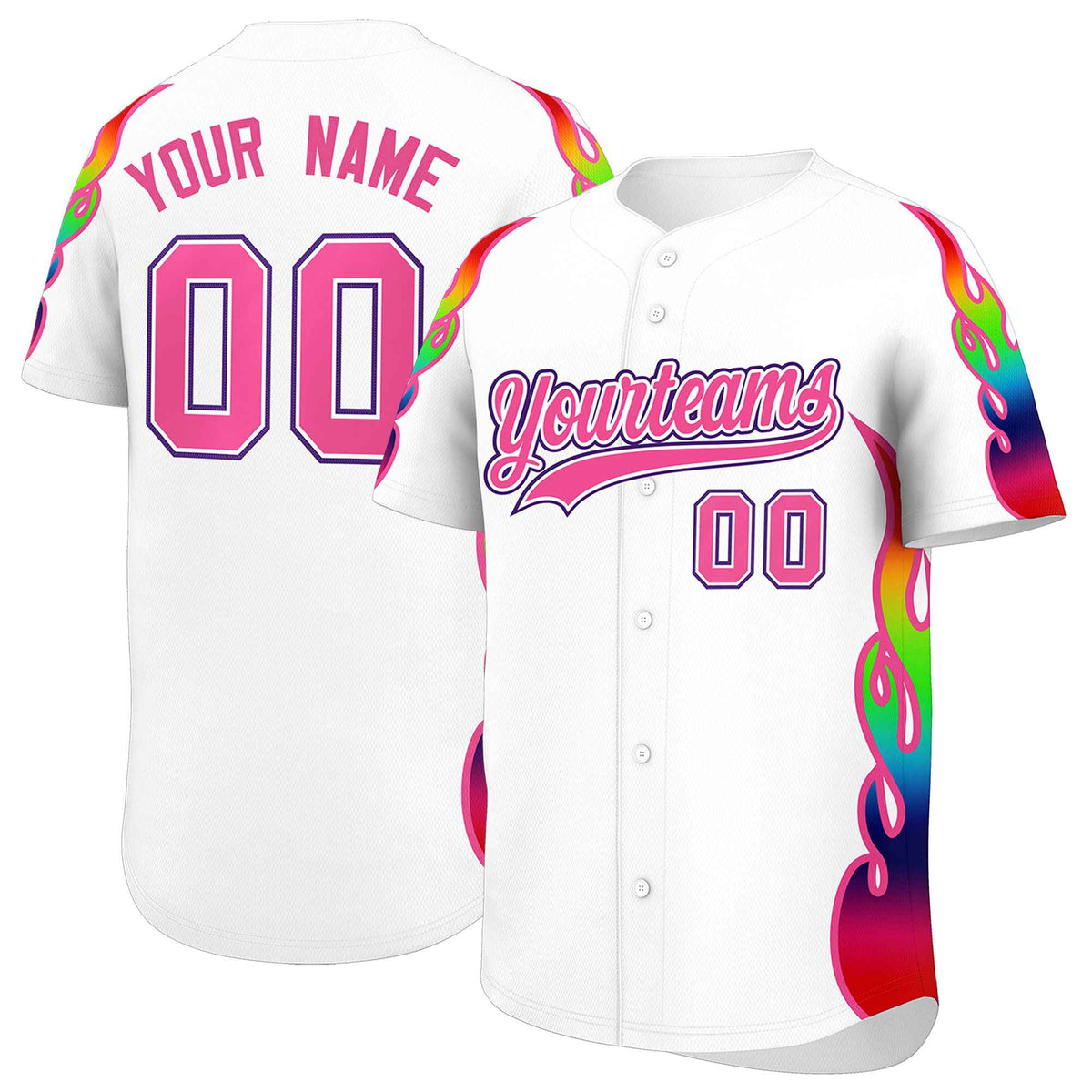 Custom White Graffiti Pattern Personalized Multicolored Flames Print Authentic Baseball Jersey