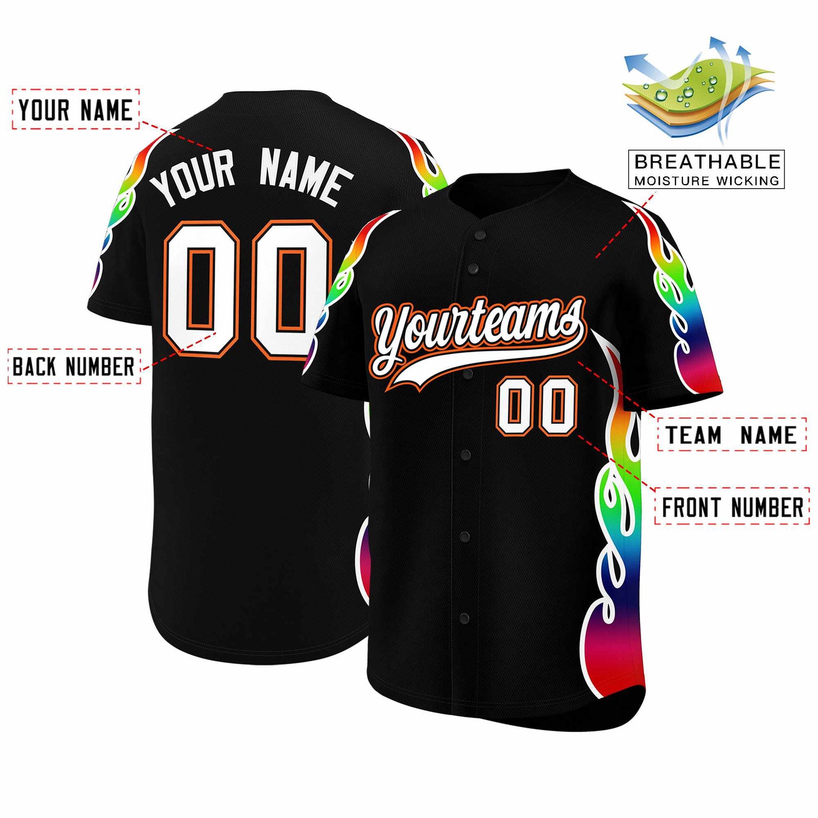 Custom Black Graffiti Pattern Personalized Multicolored Flames Print Authentic Baseball Jersey