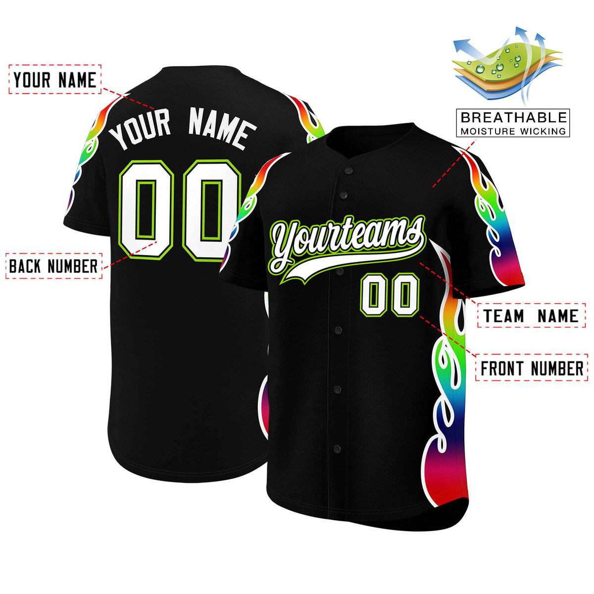 Custom Black Graffiti Pattern Personalized Multicolored Flames Print Authentic Baseball Jersey