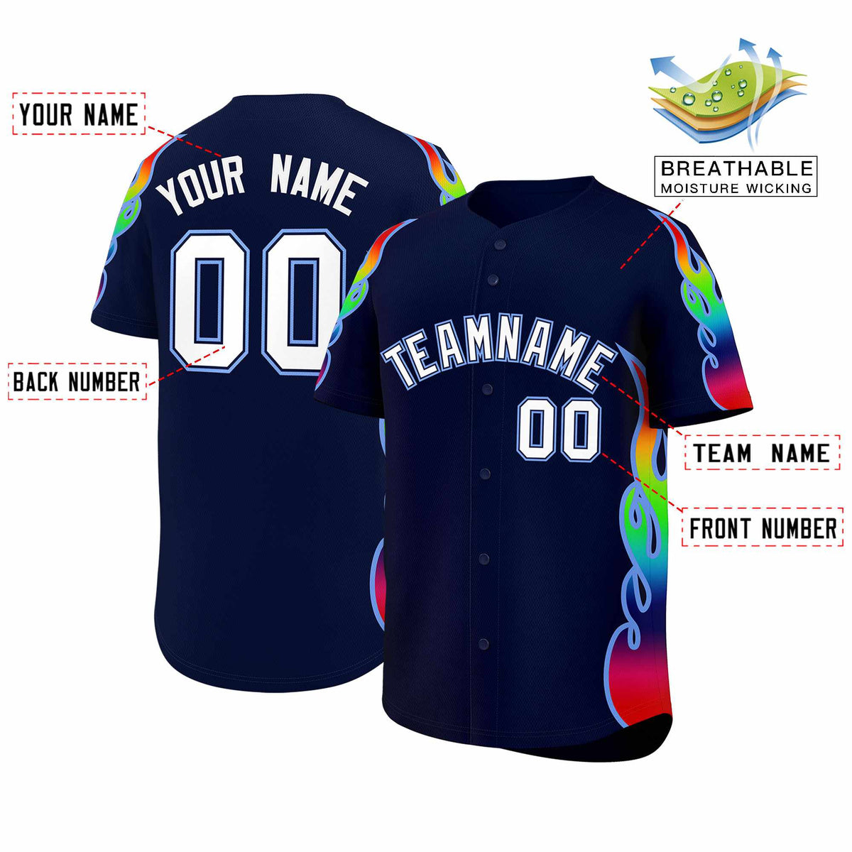 Custom Navy Graffiti Pattern Personalized Multicolored Flames Print Authentic Baseball Jersey