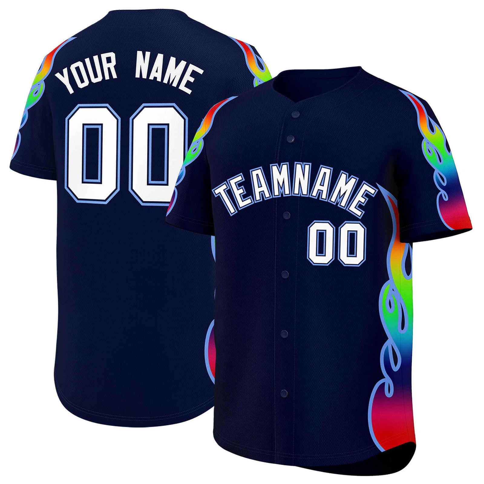 Custom Navy Graffiti Pattern Personalized Multicolored Flames Print Authentic Baseball Jersey