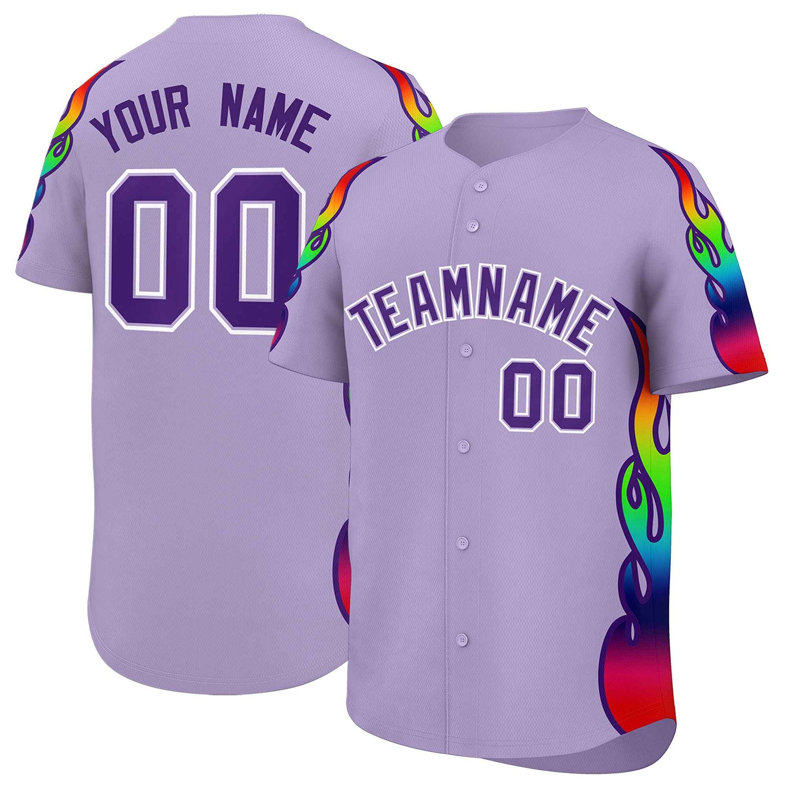 Custom Light Purple Graffiti Pattern Personalized Multicolored Flames Print Authentic Baseball Jersey