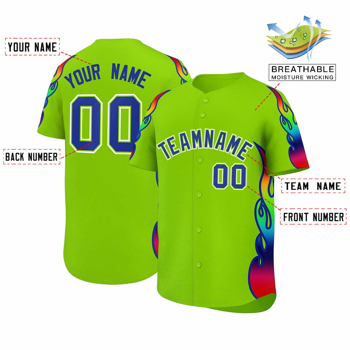 Custom Neon Green Graffiti Pattern Personalized Multicolored Flames Print Authentic Baseball Jersey