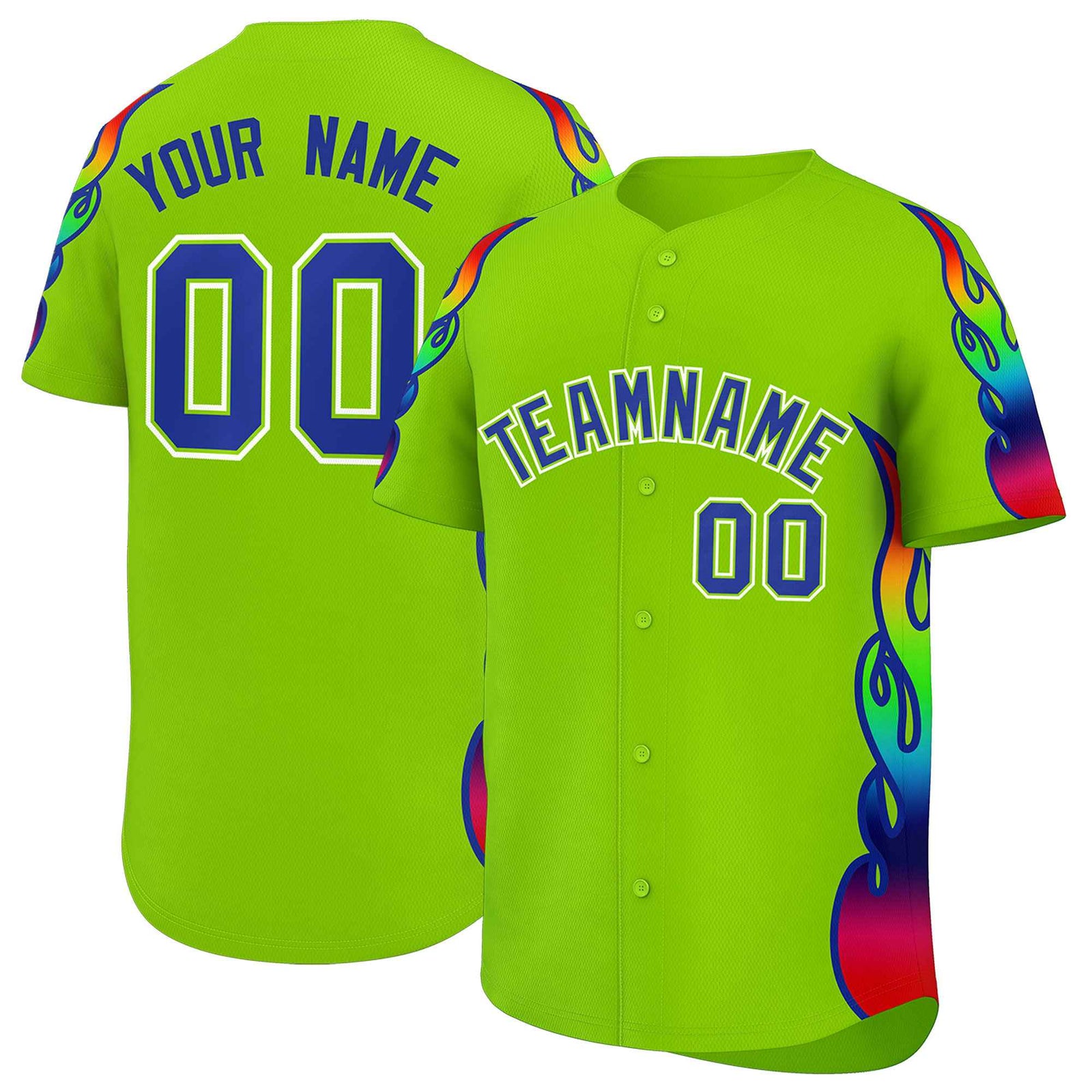 Custom Neon Green Graffiti Pattern Personalized Multicolored Flames Print Authentic Baseball Jersey