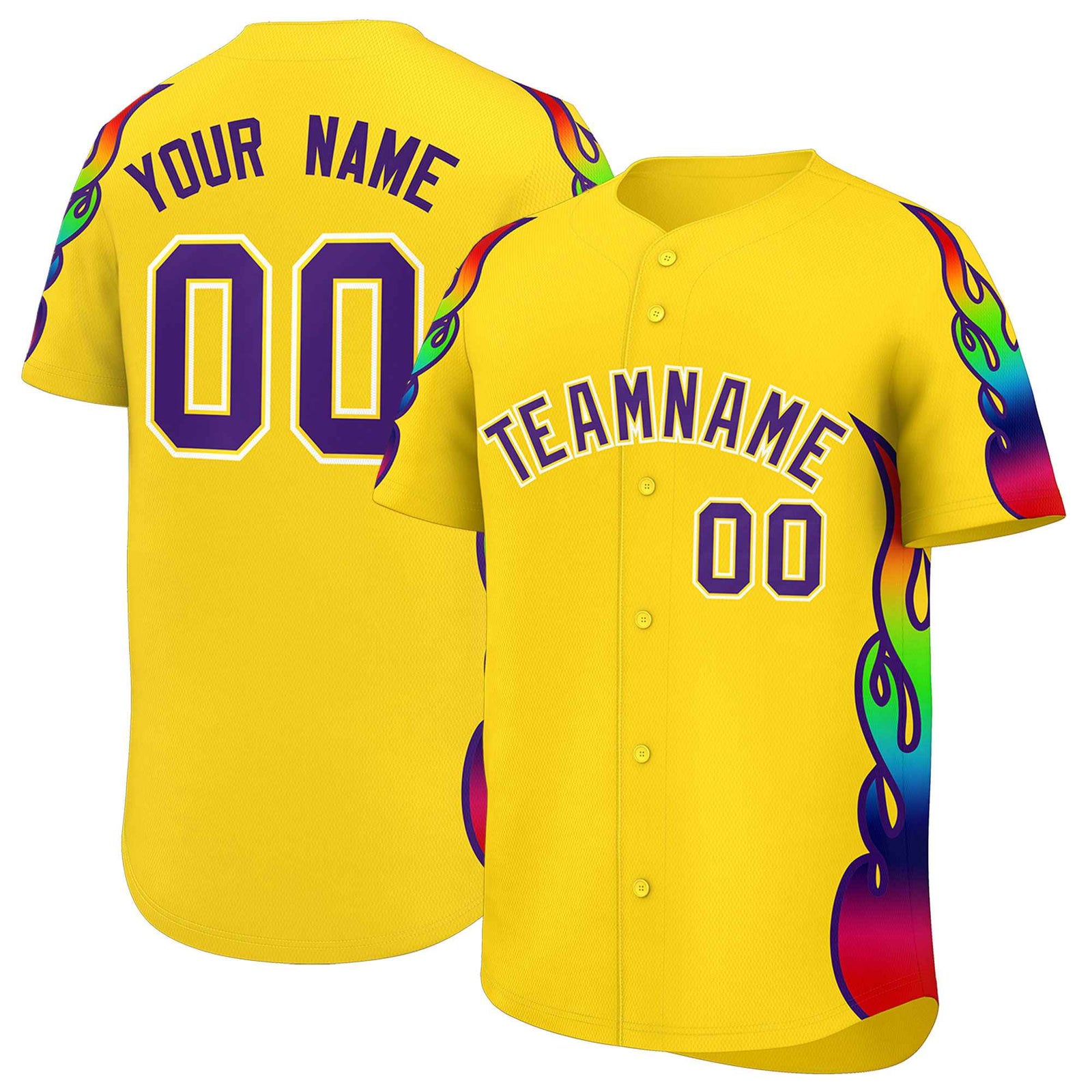 Custom Gold Graffiti Pattern Personalized Multicolored Flames Print Authentic Baseball Jersey