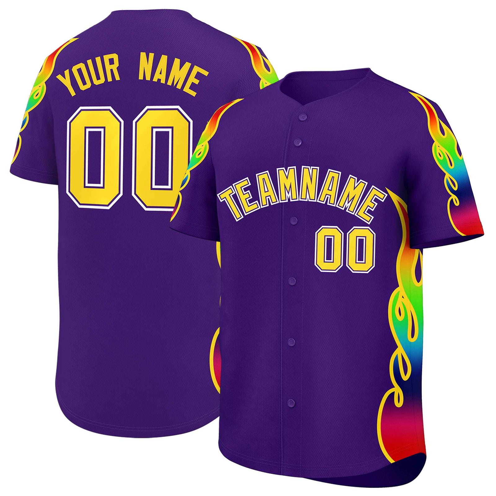 Custom Purple Graffiti Pattern Personalized Multicolored Flames Print Authentic Baseball Jersey