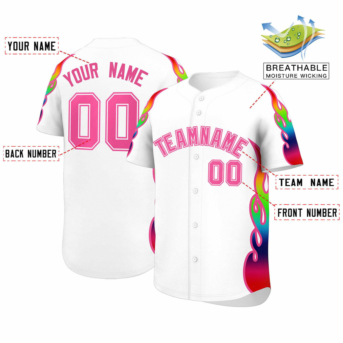 Custom White Graffiti Pattern Personalized Multicolored Flames Print Authentic Baseball Jersey