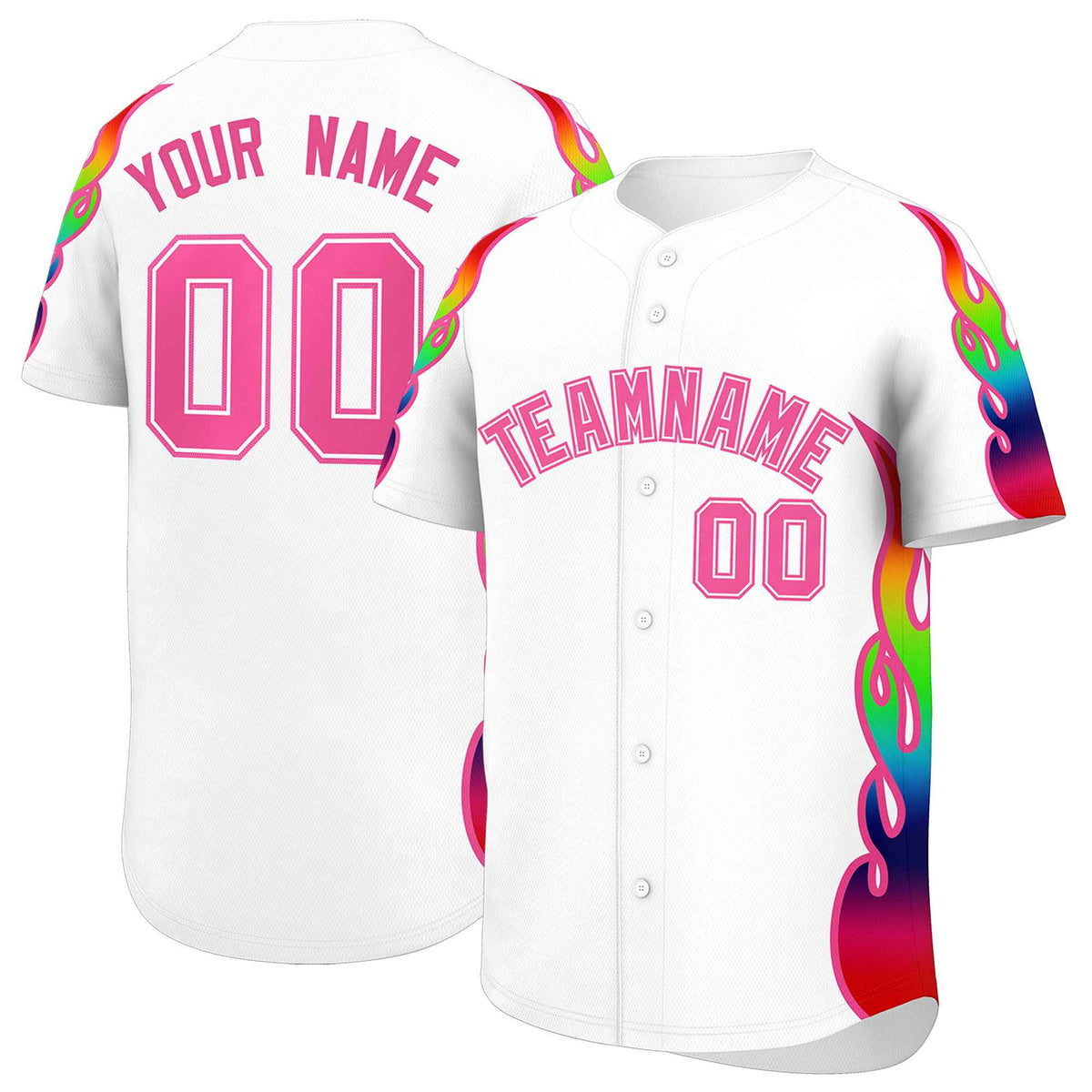 Custom White Graffiti Pattern Personalized Multicolored Flames Print Authentic Baseball Jersey