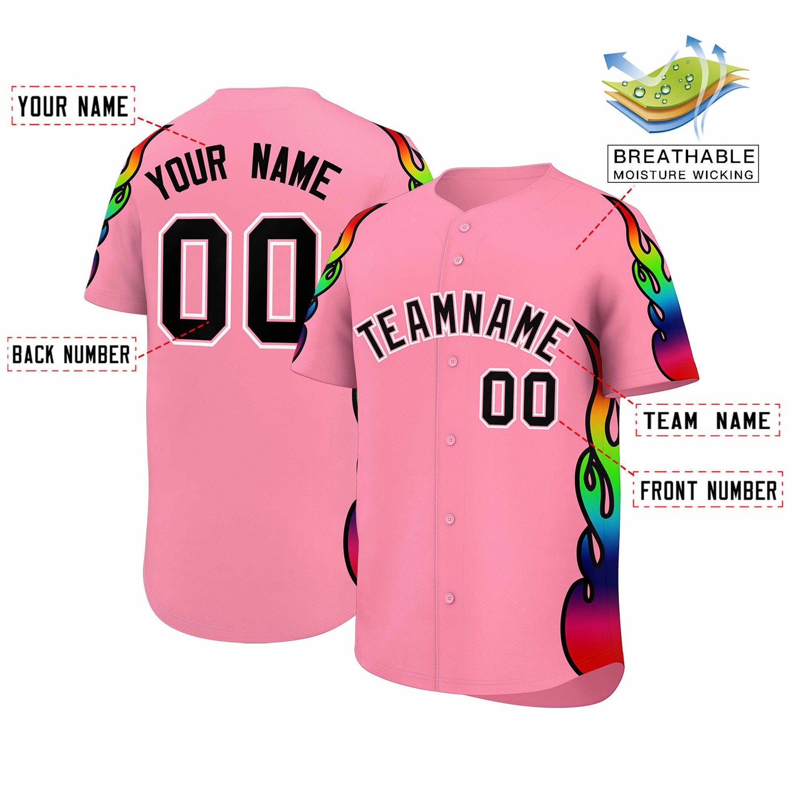 Custom Light Pink Graffiti Pattern Personalized Multicolored Flames Print Authentic Baseball Jersey