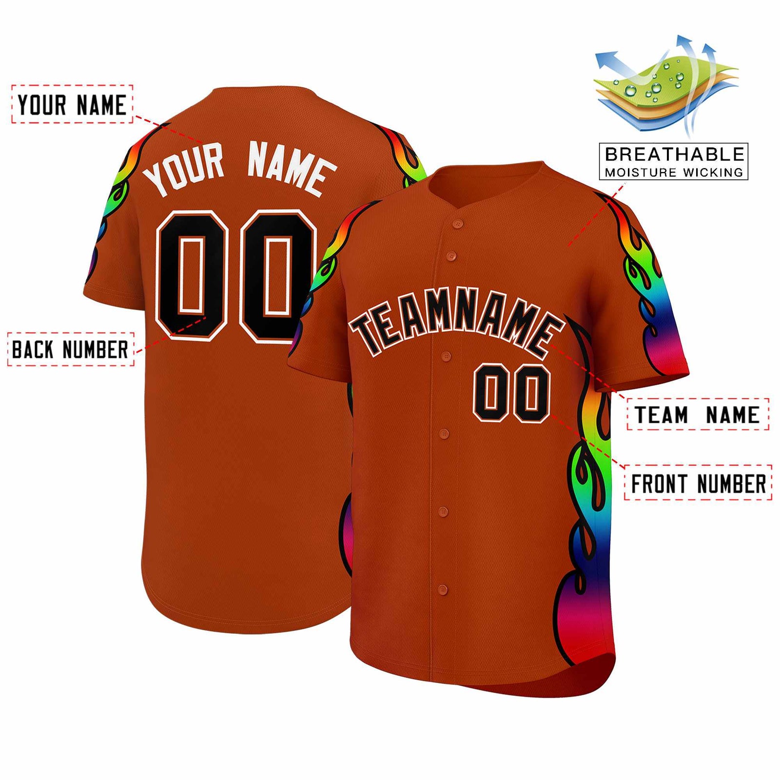 Custom Texas Orange Graffiti Pattern Personalized Multicolored Flames Print Authentic Baseball Jersey