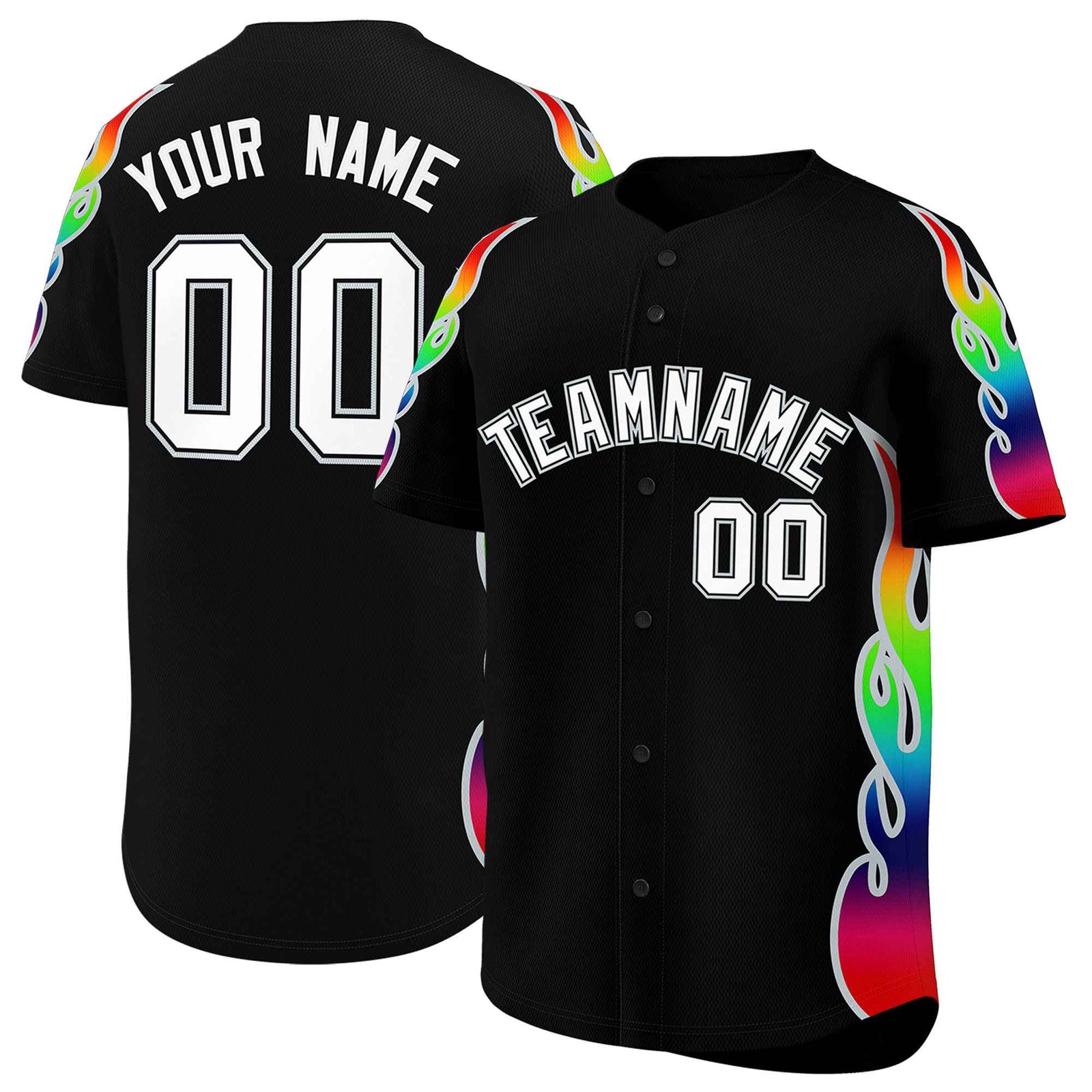 Custom Black Graffiti Pattern Personalized Multicolored Flames Print Authentic Baseball Jersey