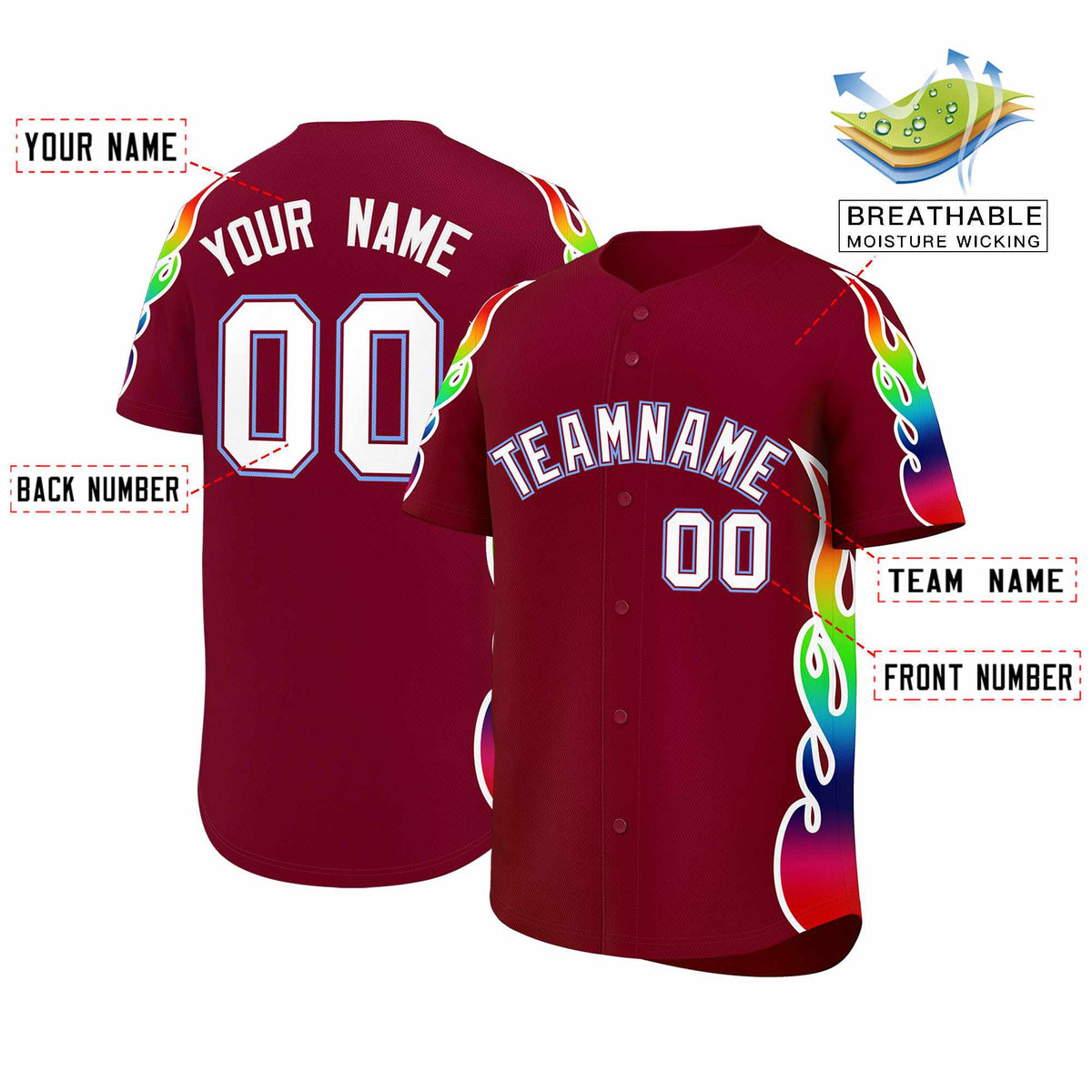 Custom Crimson Graffiti Pattern Personalized Multicolored Flames Print Authentic Baseball Jersey