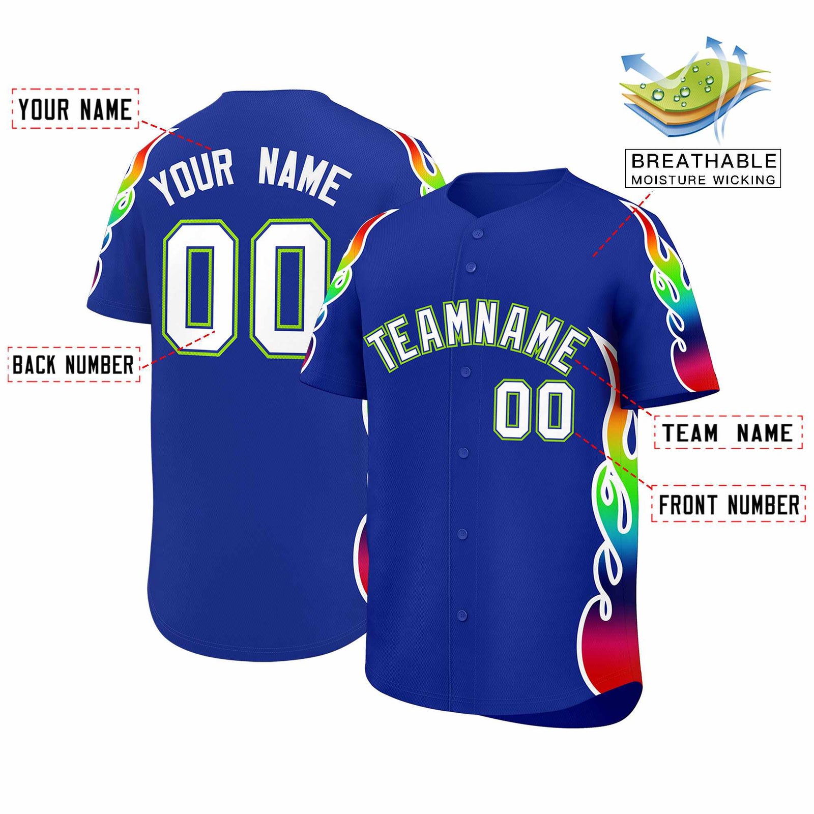 Custom Royal Graffiti Pattern Personalized Multicolored Flames Print Authentic Baseball Jersey