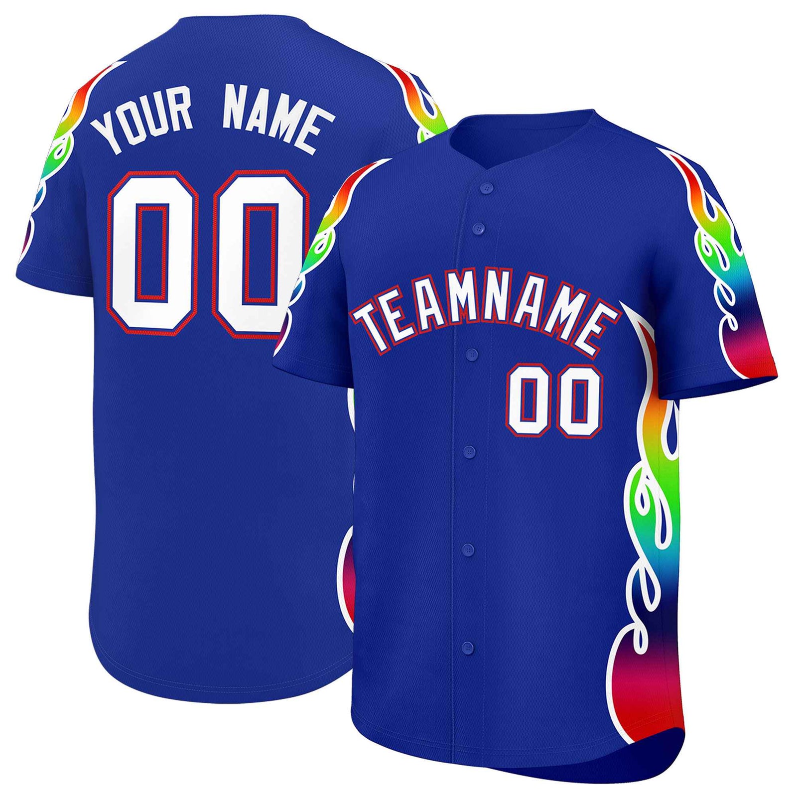 Custom Royal Graffiti Pattern Personalized Multicolored Flames Print Authentic Baseball Jersey