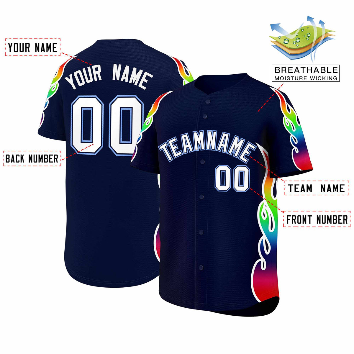 Custom Navy Graffiti Pattern Personalized Multicolored Flames Print Authentic Baseball Jersey