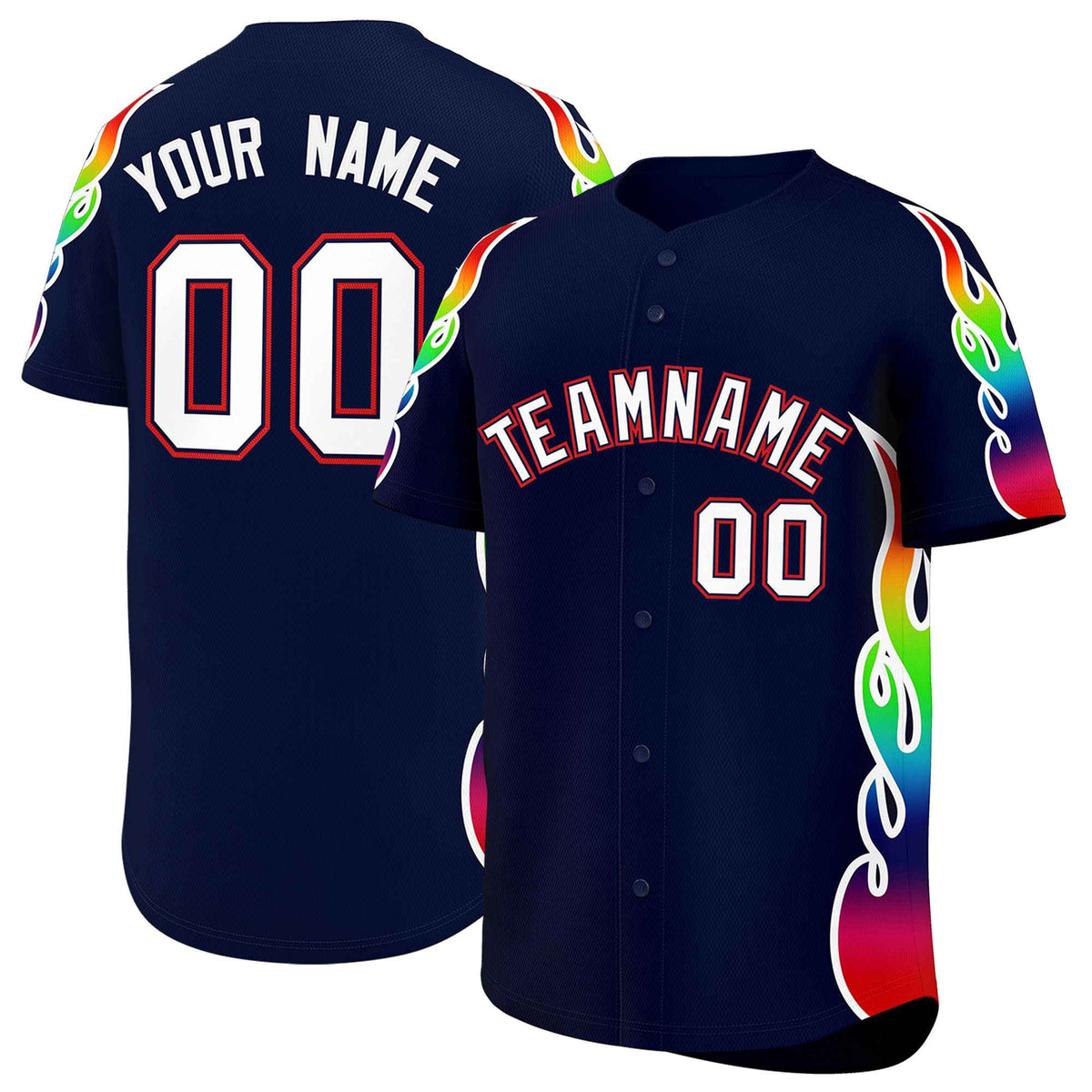 Custom Navy Graffiti Pattern Personalized Multicolored Flames Print Authentic Baseball Jersey