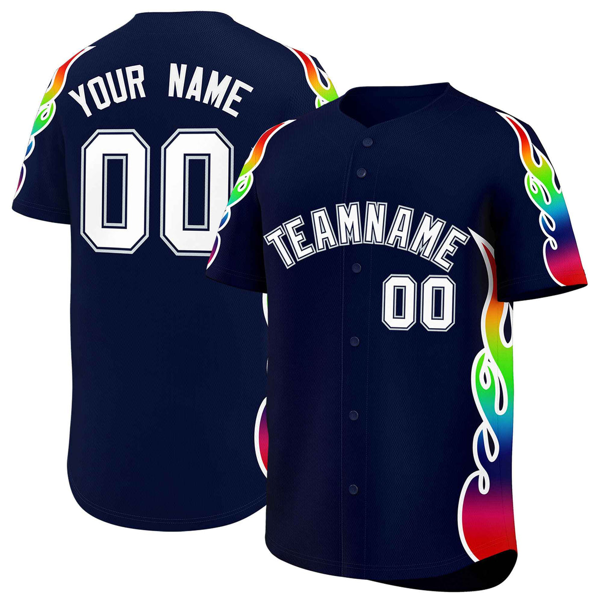 Custom Navy Graffiti Pattern Personalized Multicolored Flames Print Authentic Baseball Jersey