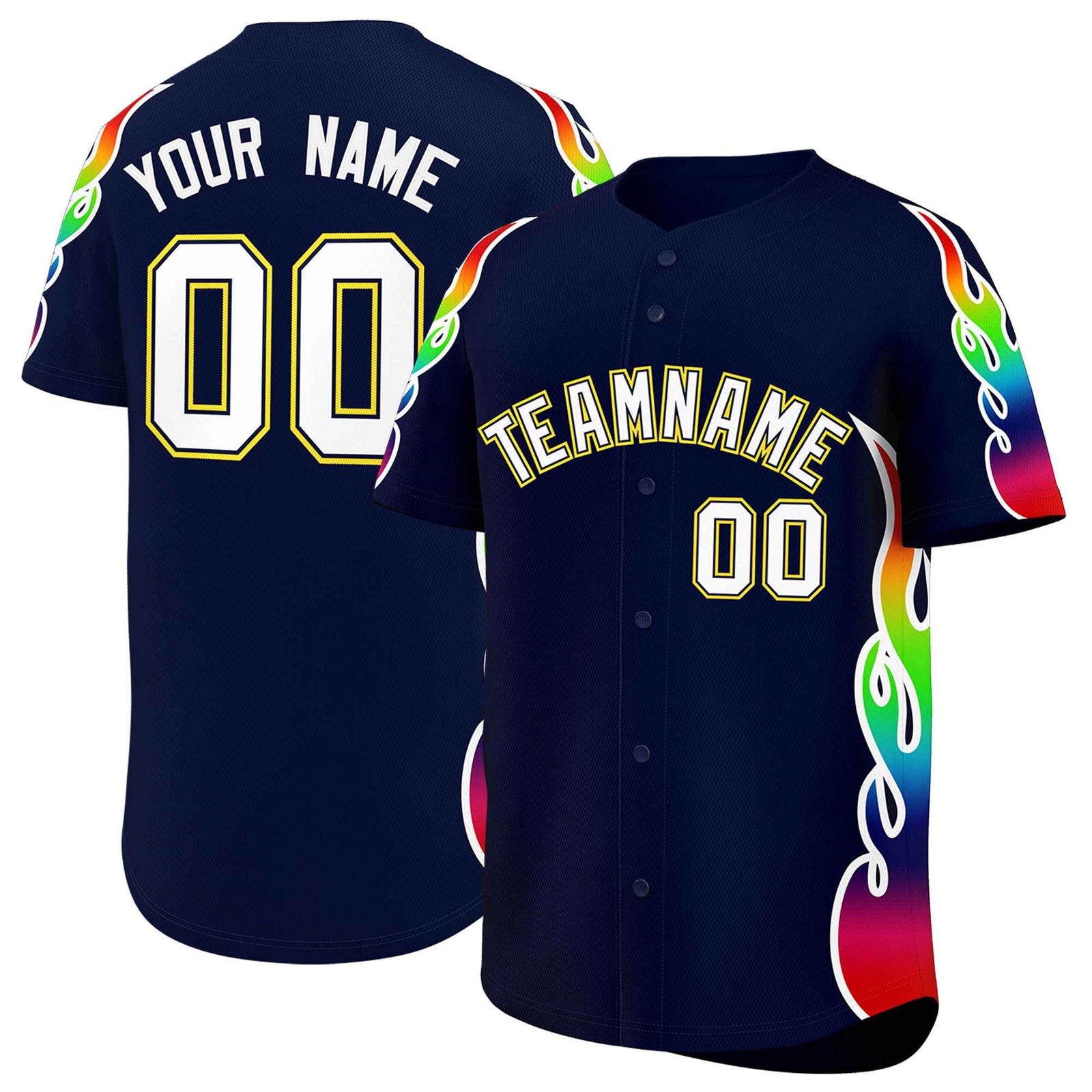 Custom Navy Graffiti Pattern Personalized Multicolored Flames Print Authentic Baseball Jersey