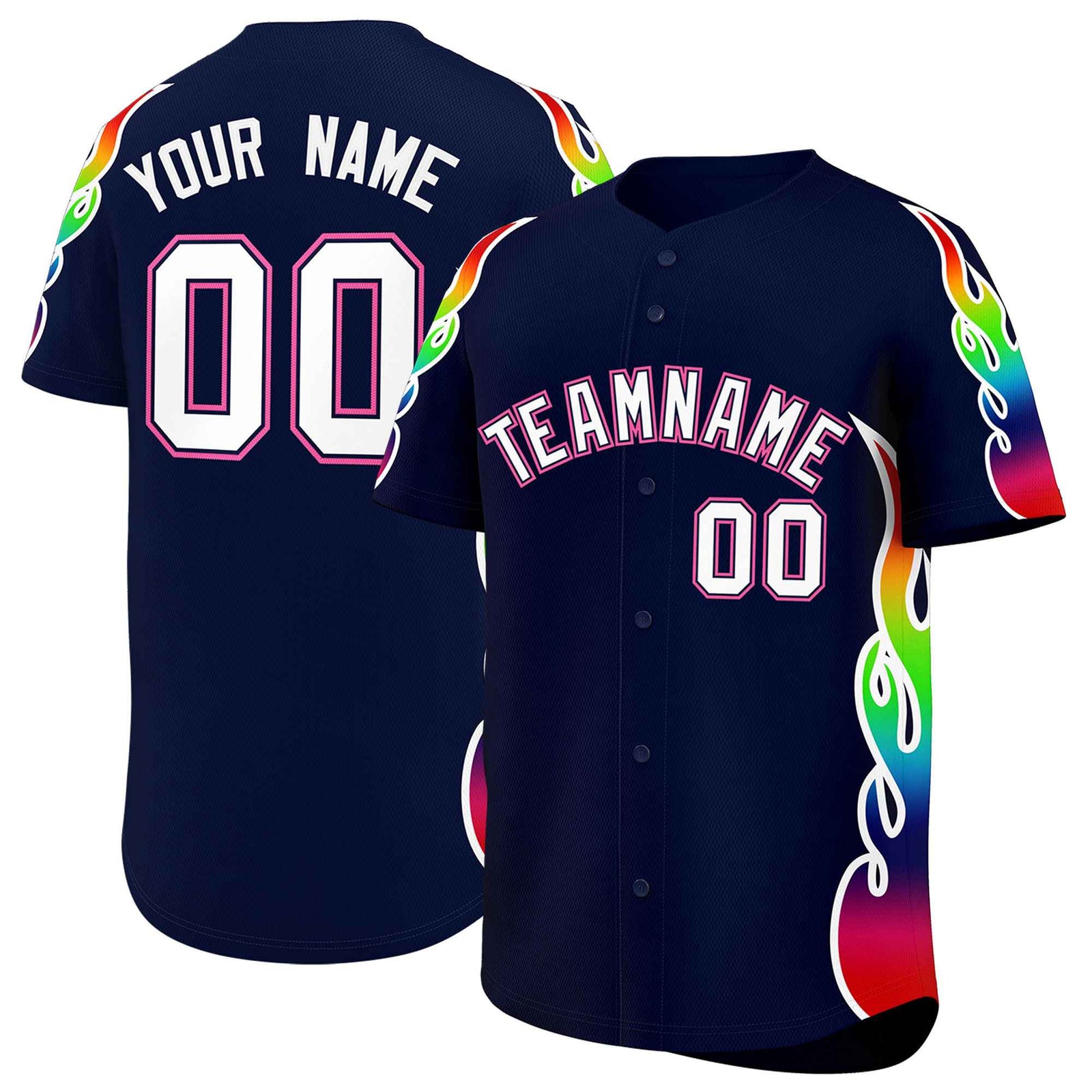 Custom Navy Graffiti Pattern Personalized Multicolored Flames Print Authentic Baseball Jersey