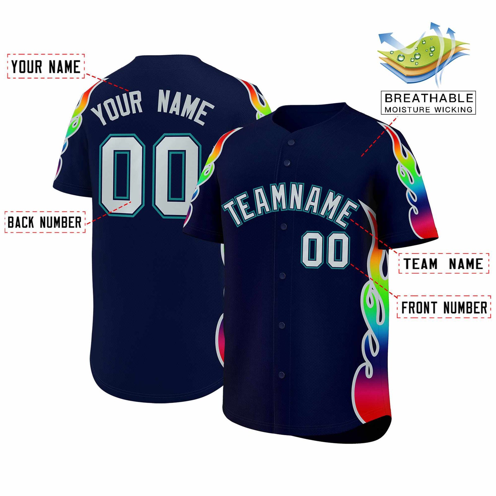 Custom Navy Graffiti Pattern Personalized Multicolored Flames Print Authentic Baseball Jersey