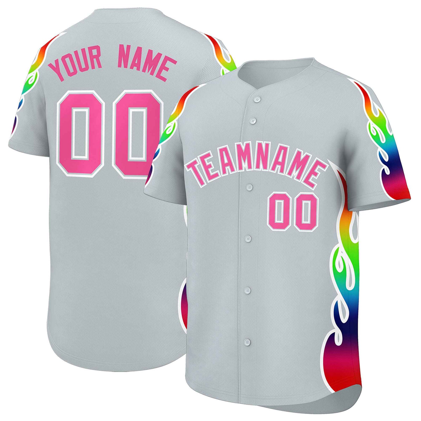 Custom Silver Graffiti Pattern Personalized Multicolored Flames Print Authentic Baseball Jersey
