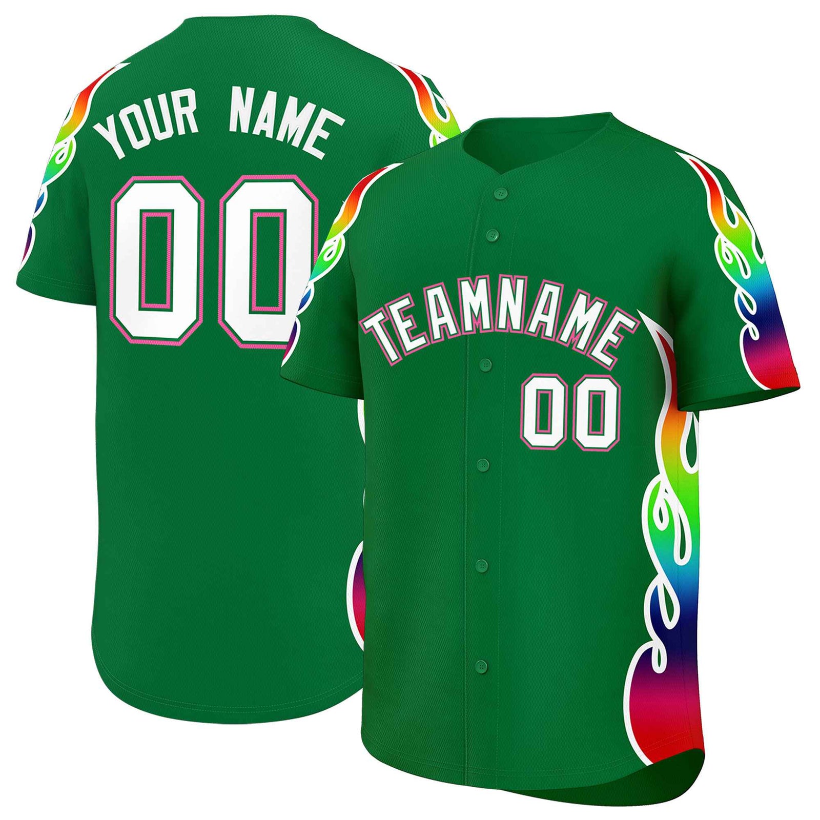 Custom Kelly Green Graffiti Pattern Personalized Multicolored Flames Print Authentic Baseball Jersey