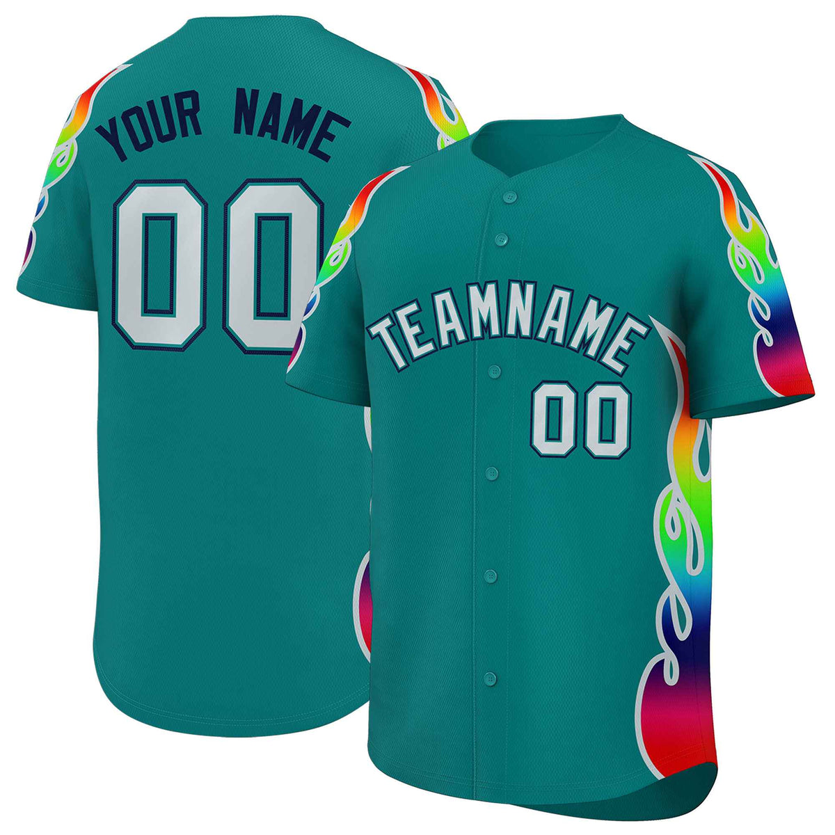Custom Aqua Graffiti Pattern Personalized Multicolored Flames Print Authentic Baseball Jersey