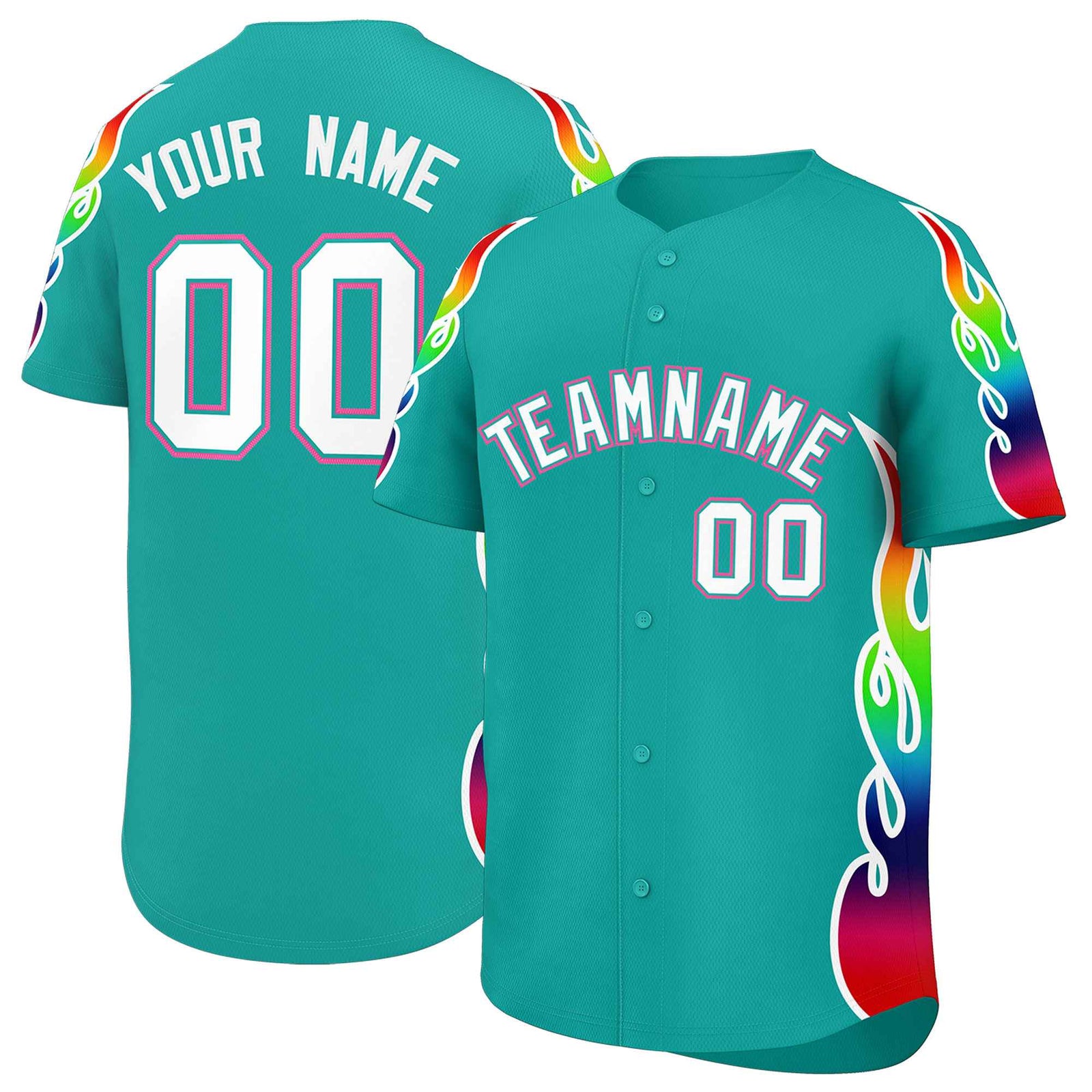 Custom Aqua Graffiti Pattern Personalized Multicolored Flames Print Authentic Baseball Jersey